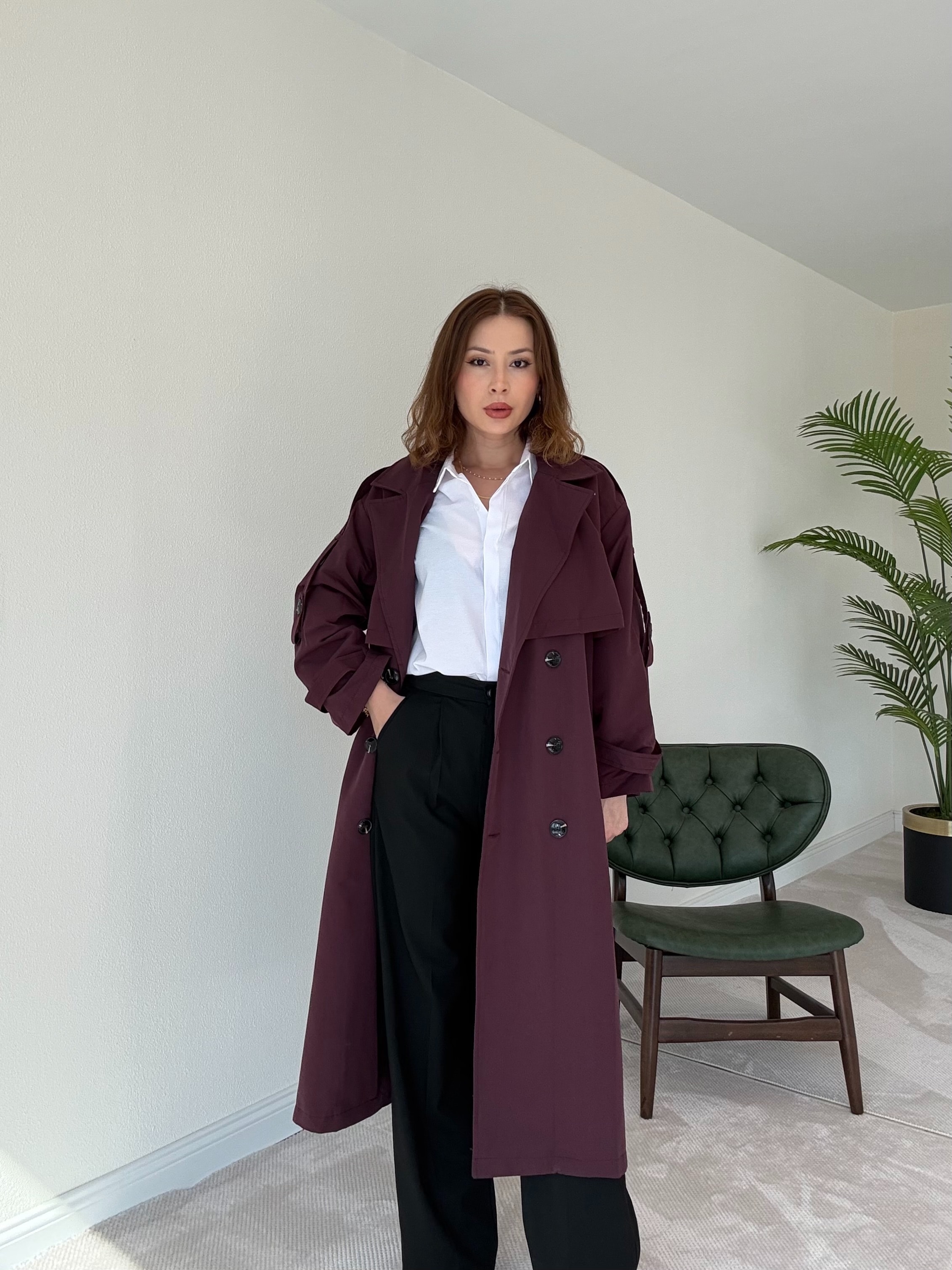 Premium Astarlı Oversize Trench Kot - BORDO
