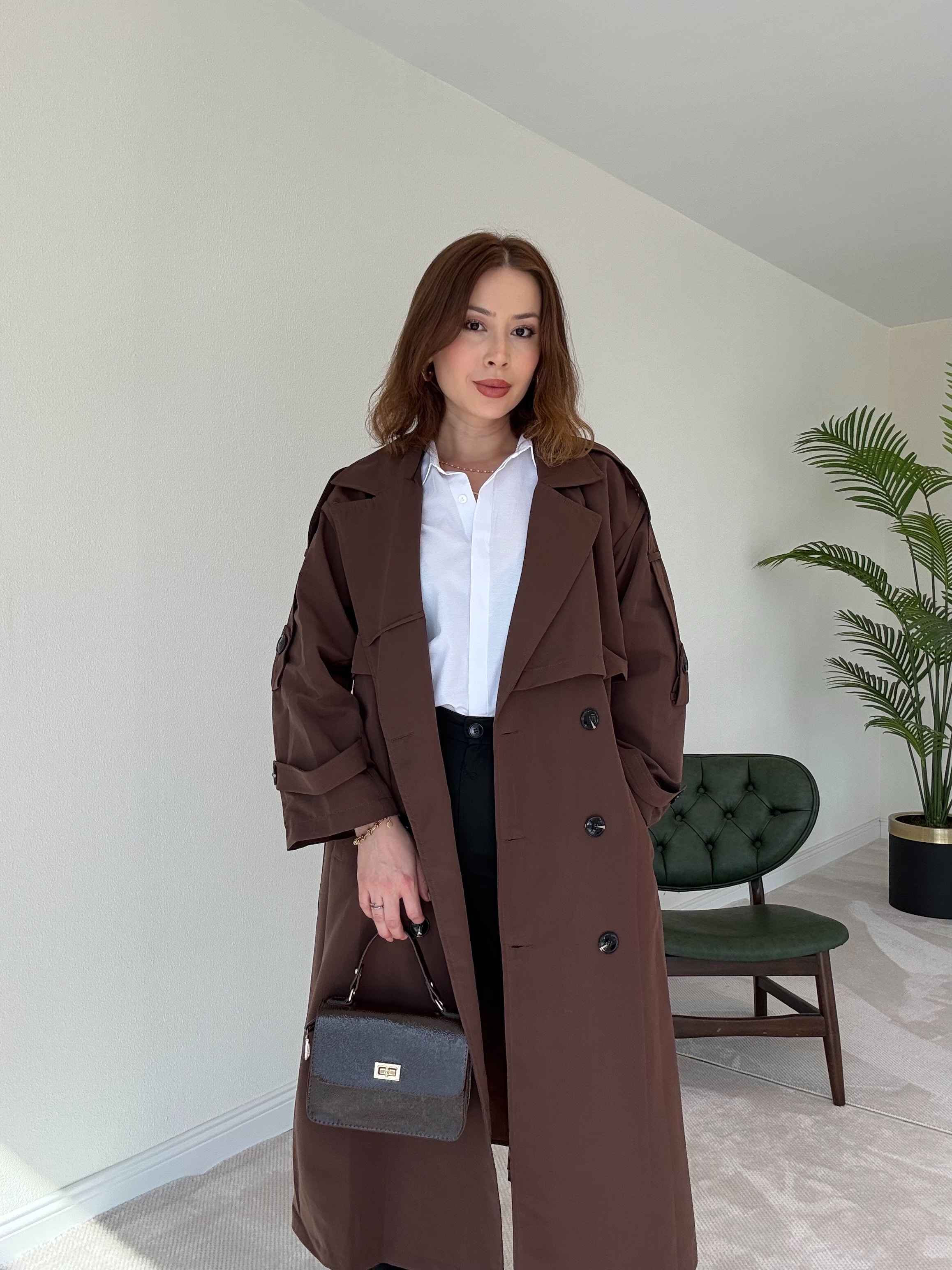 Premium Astarlı Oversize Trench Kot - KAHVERENGİ