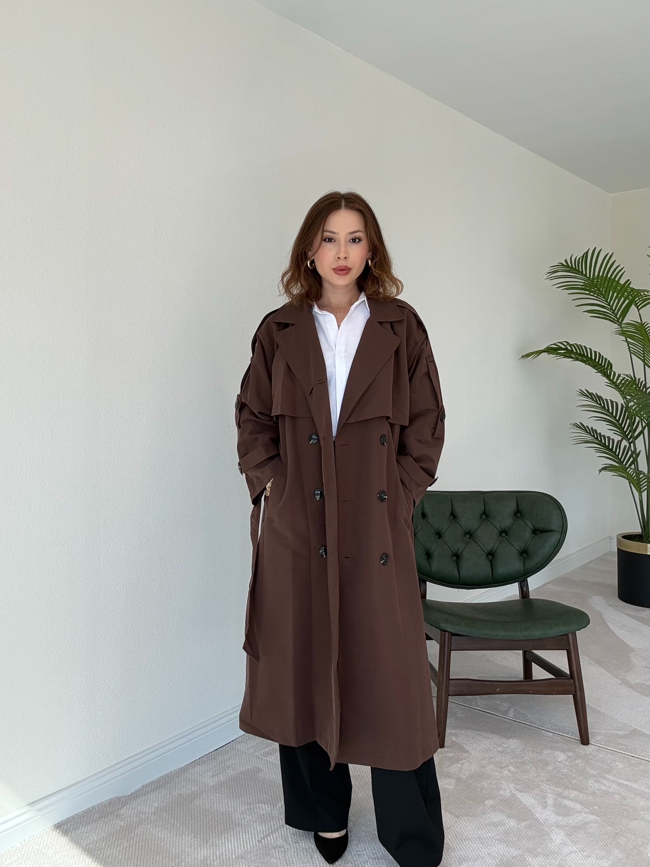 Premium Astarlı Oversize Trench Kot - KAHVERENGİ