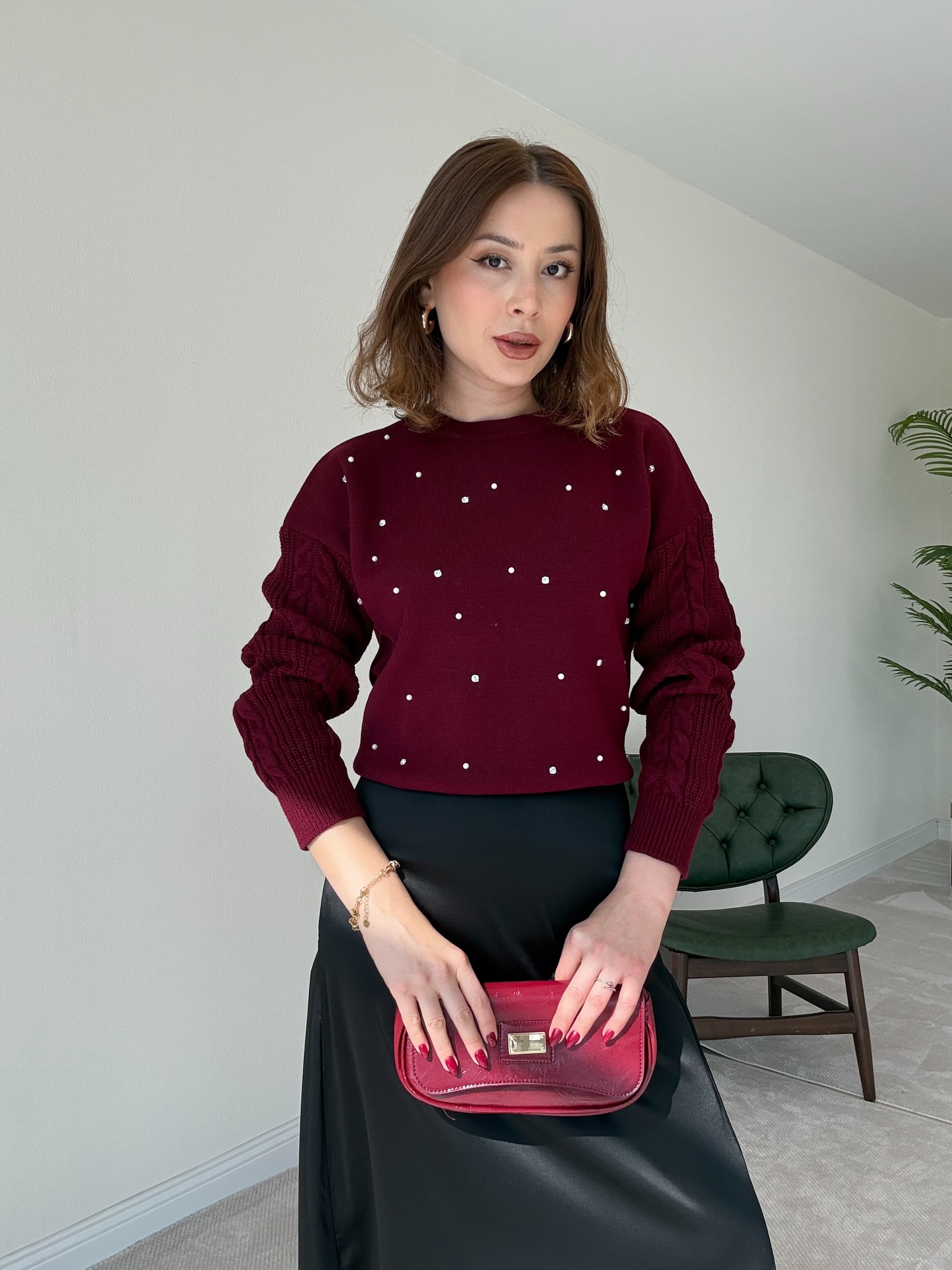 Taşlı Örgü Kazak -  BORDO