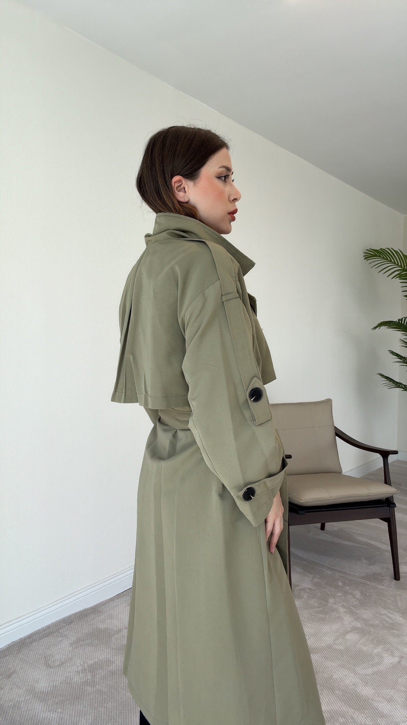 Premium Astarlı Oversize Trench Kot - HAKİ