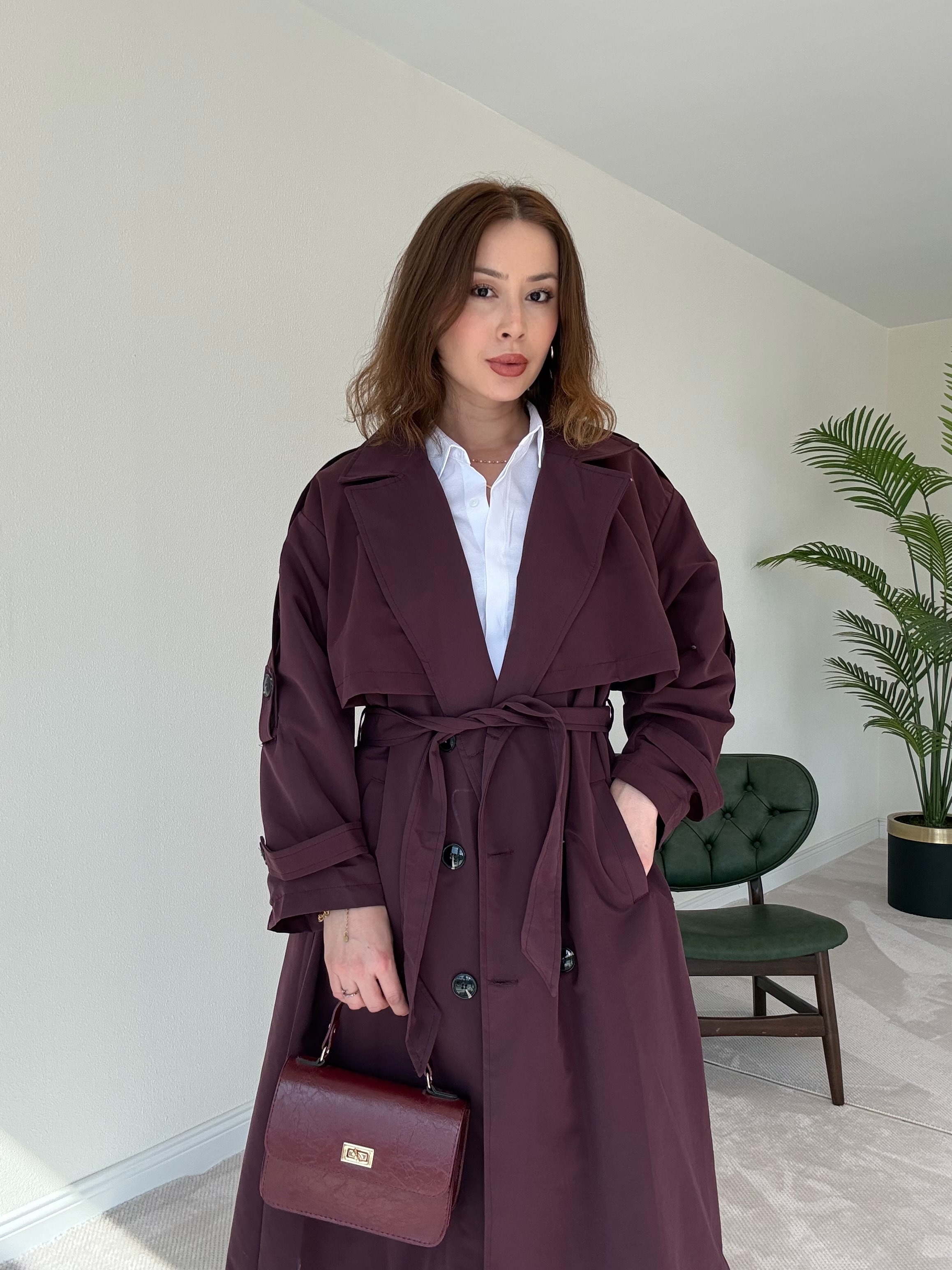 Premium Astarlı Oversize Trench Kot - BORDO