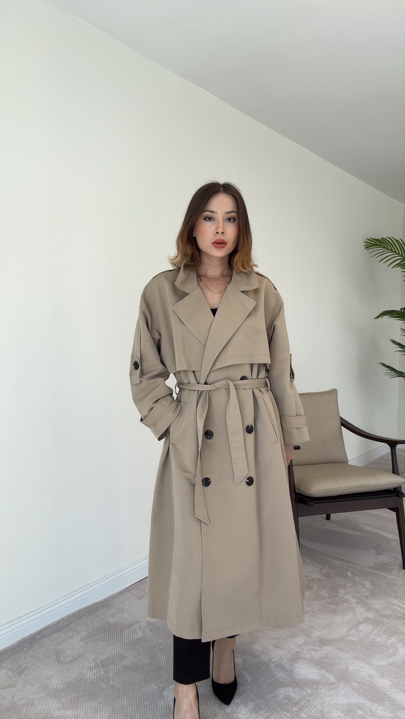 Premium Astarlı Oversize Trench Kot - TAŞ
