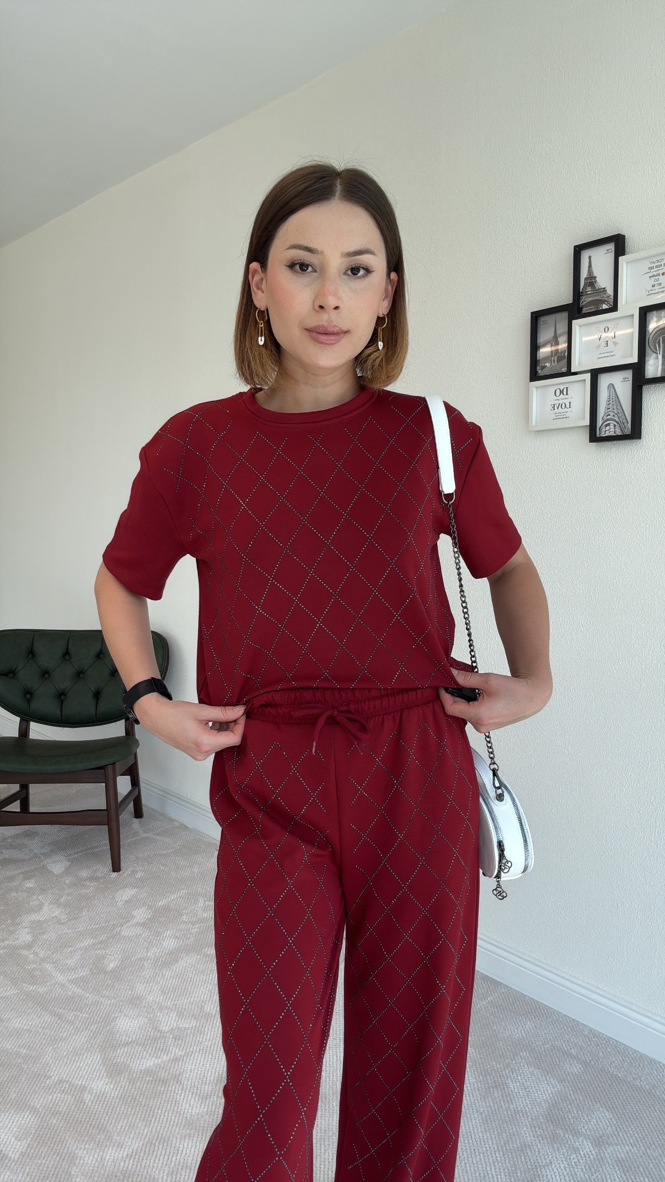 Desenli Taşlı Premium Takım - BORDO