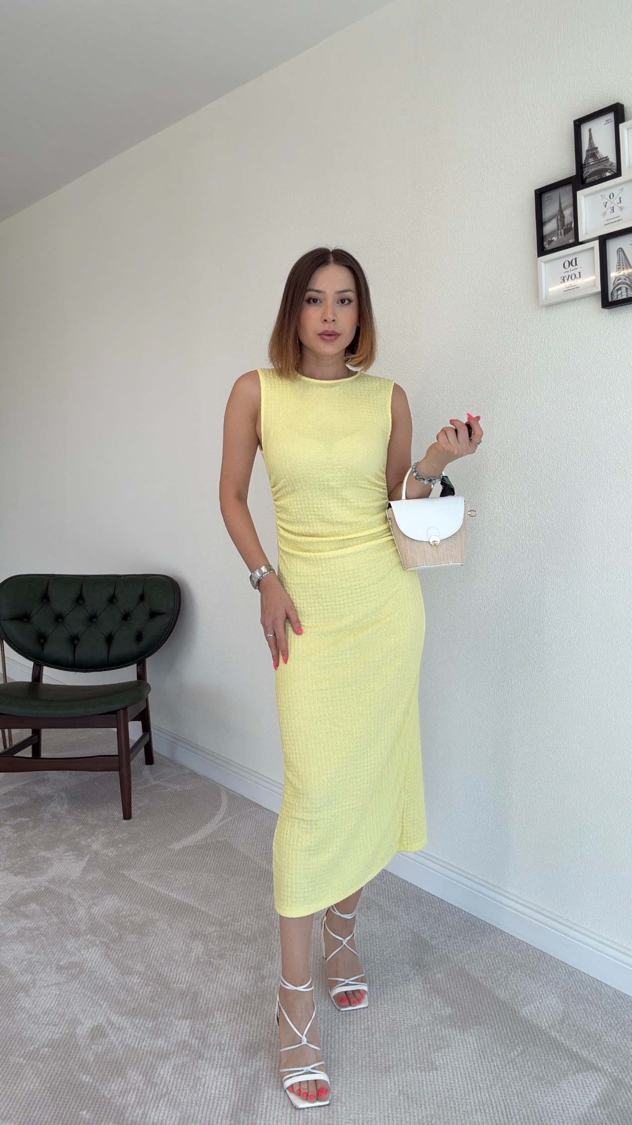 Yanları Büzgülü Elbise - SARI
