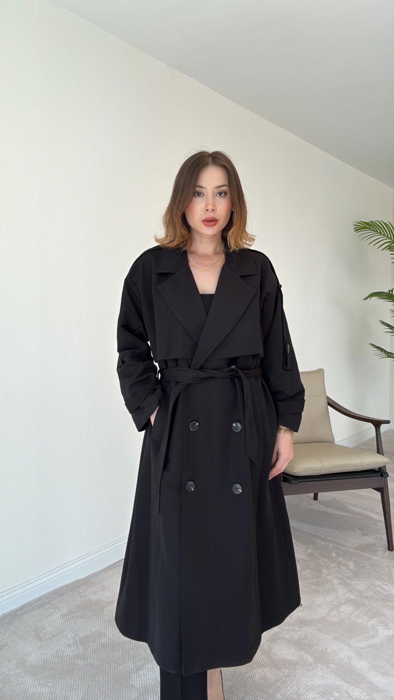 Premium Astarlı Oversize Trench Kot - SİYAH