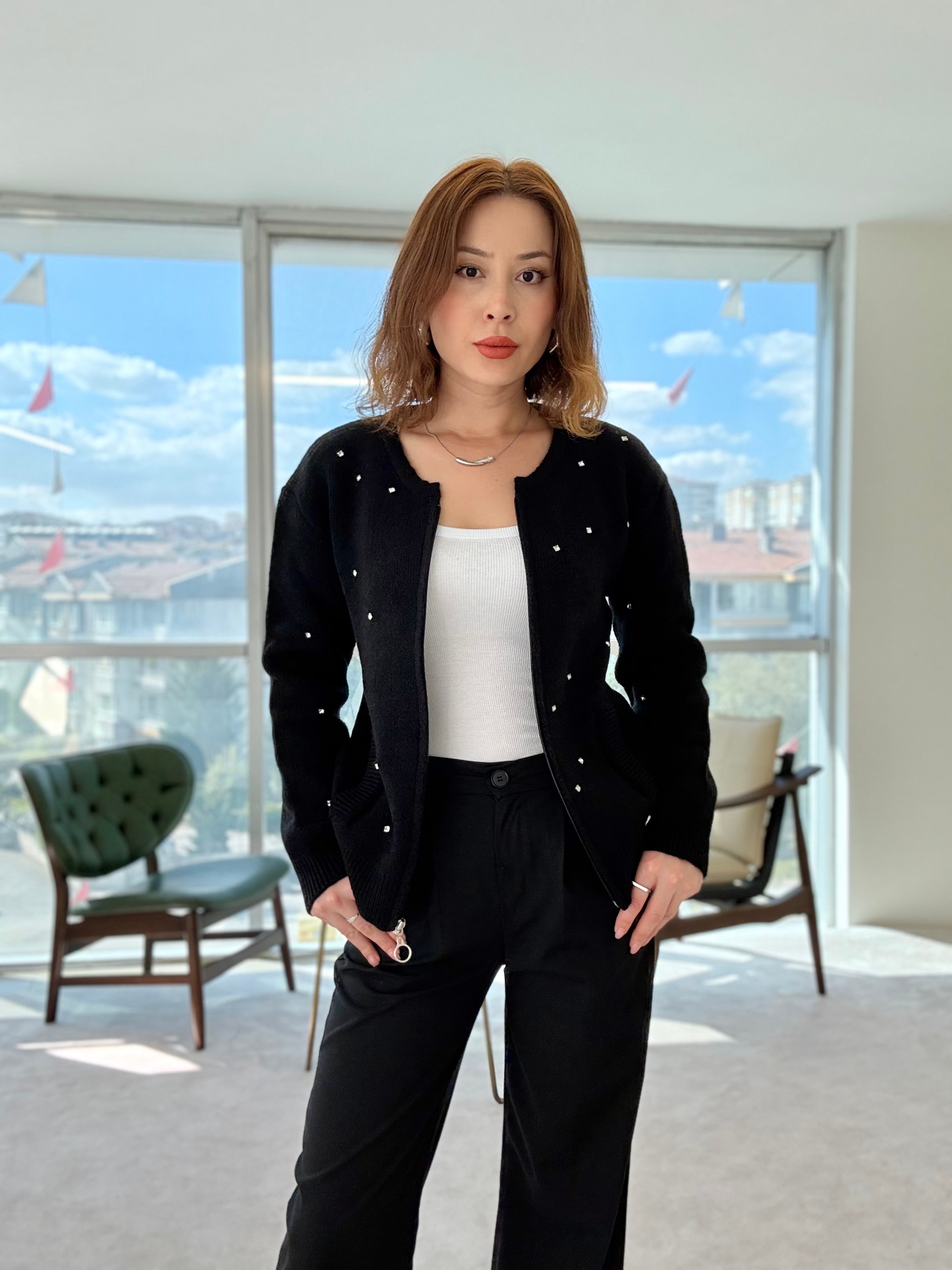 Fermuarlı Taşlı Premium Ceket - SİYAH