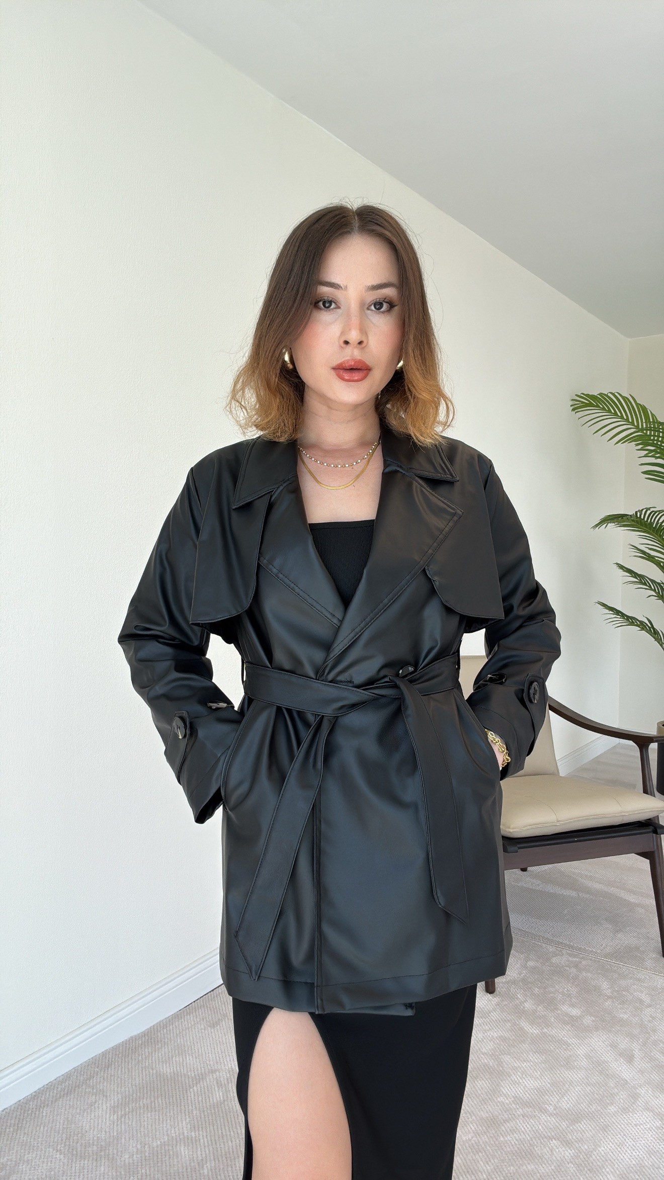 Midi Boy Astarlı Deri Trenchcoat - SİYAH