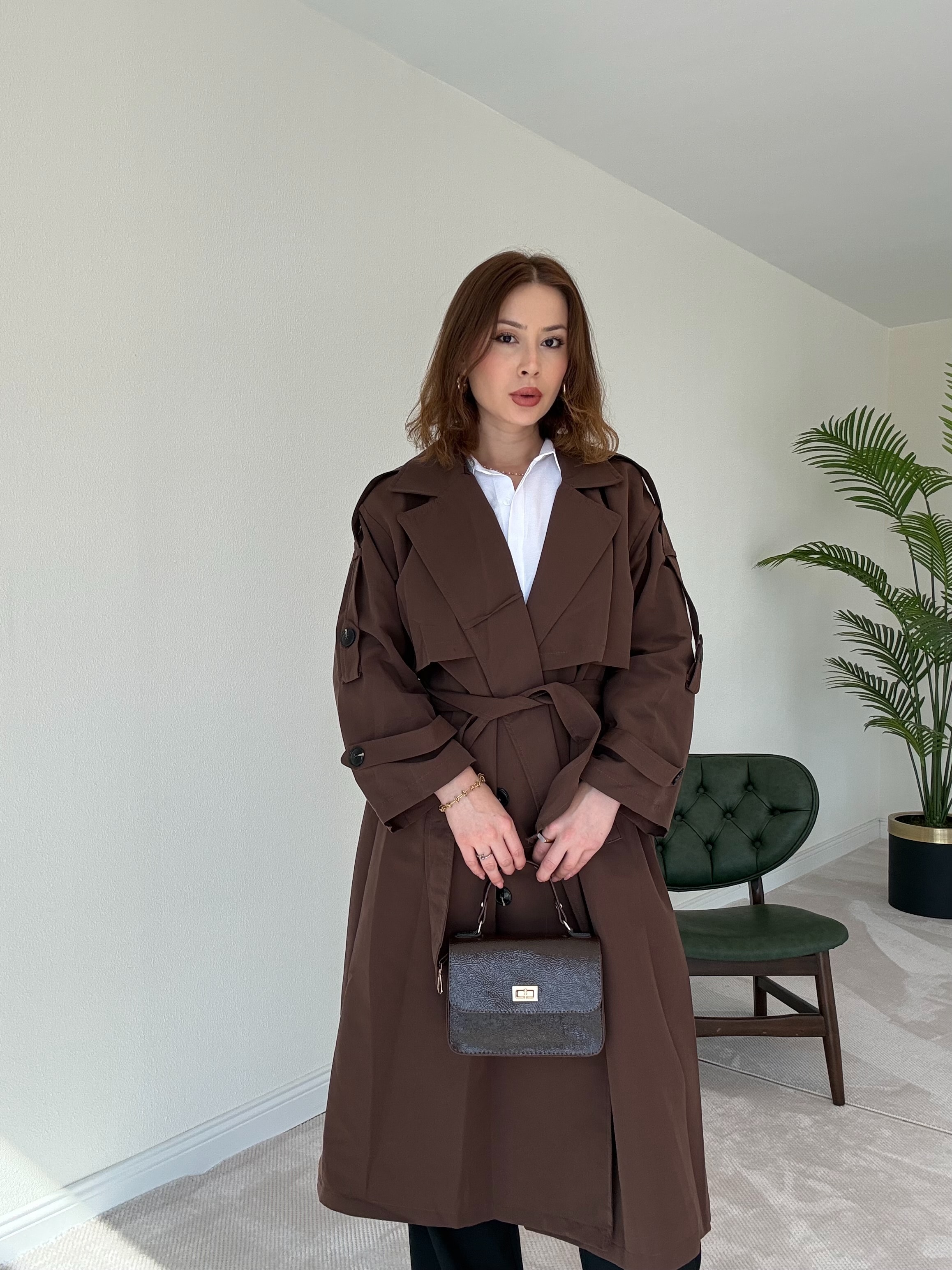 Premium Astarlı Oversize Trench Kot - KAHVERENGİ