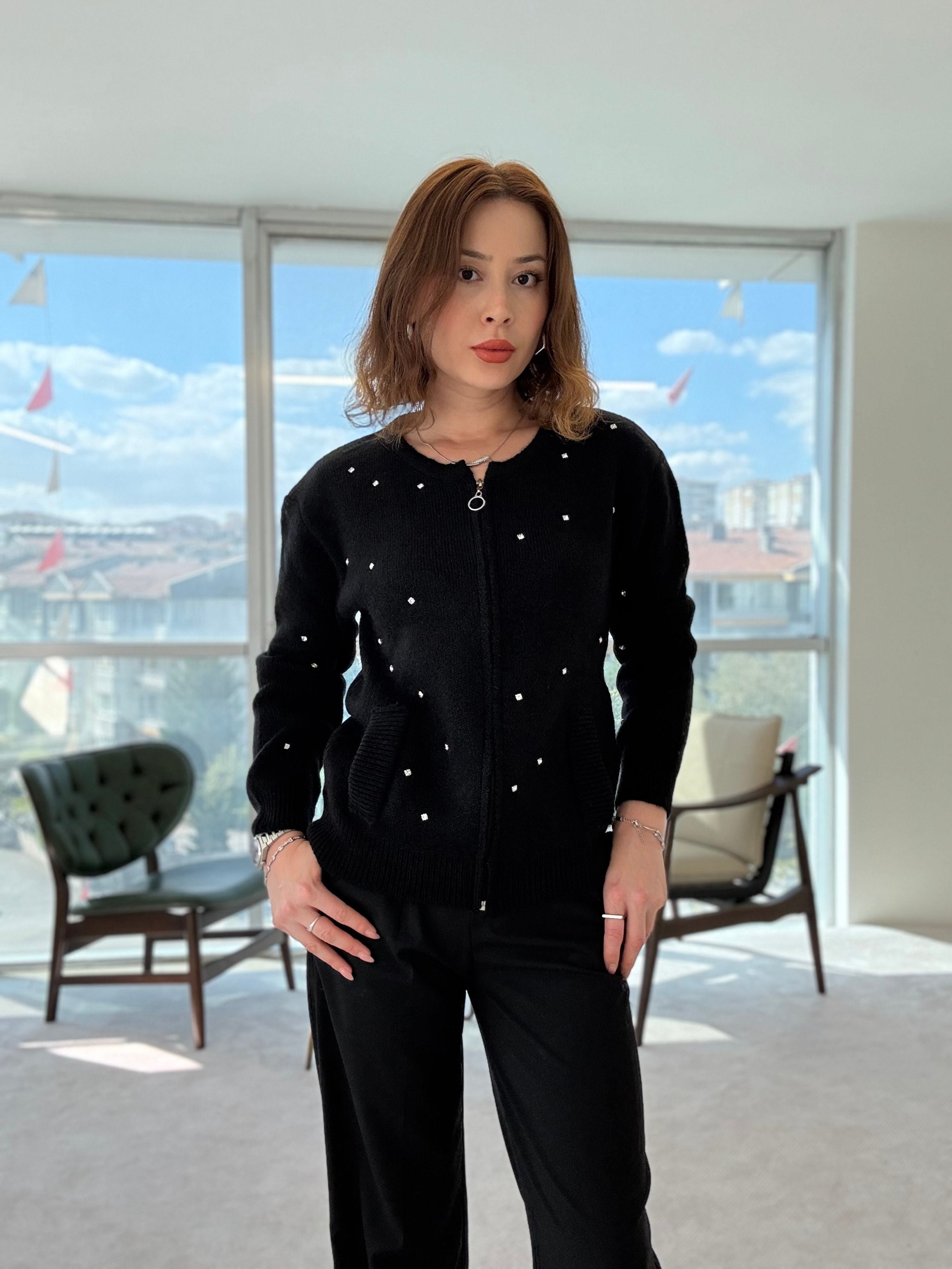 Fermuarlı Taşlı Premium Ceket - SİYAH
