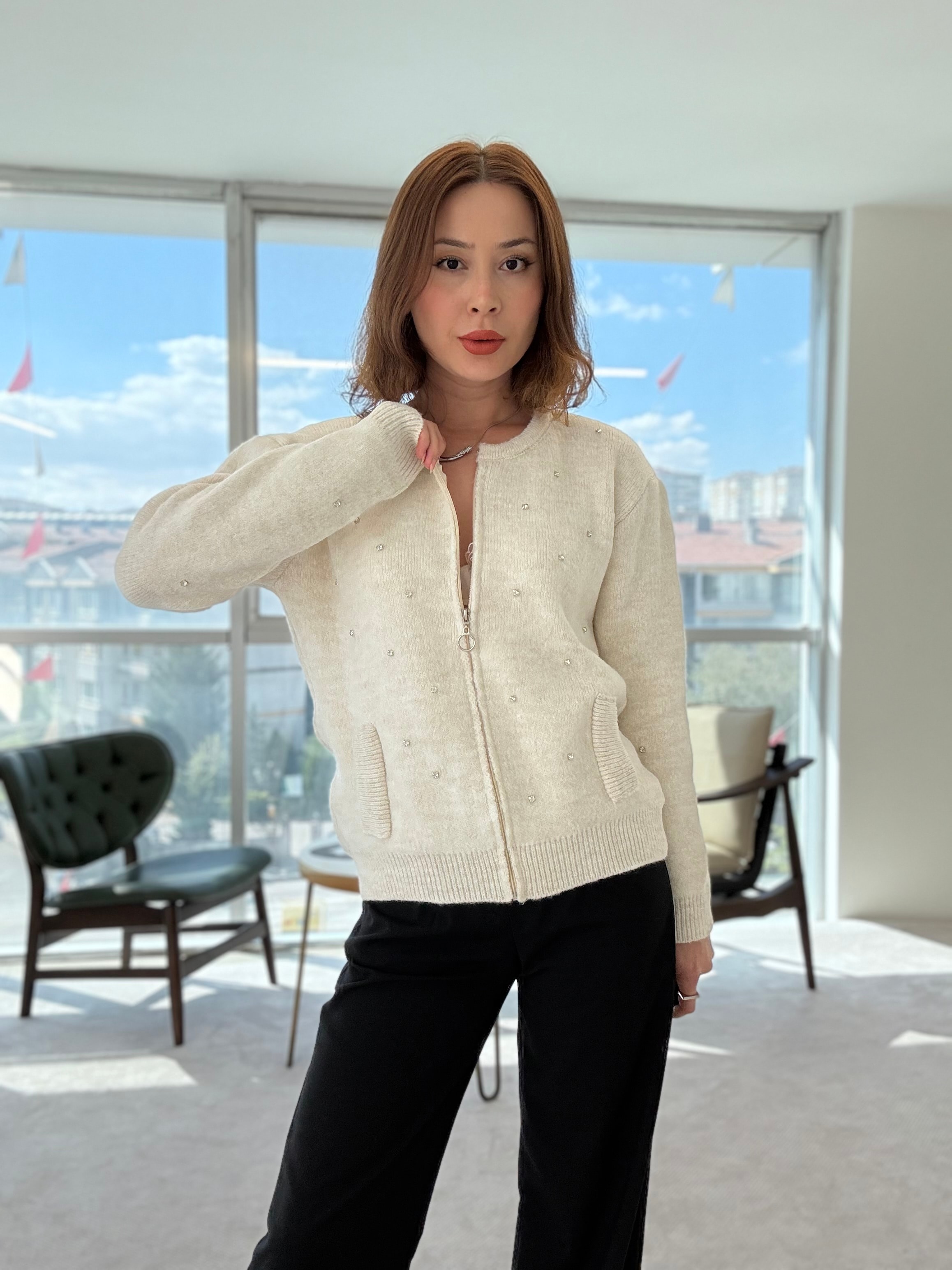 Fermuarlı Taşlı Premium Ceket - BEJ