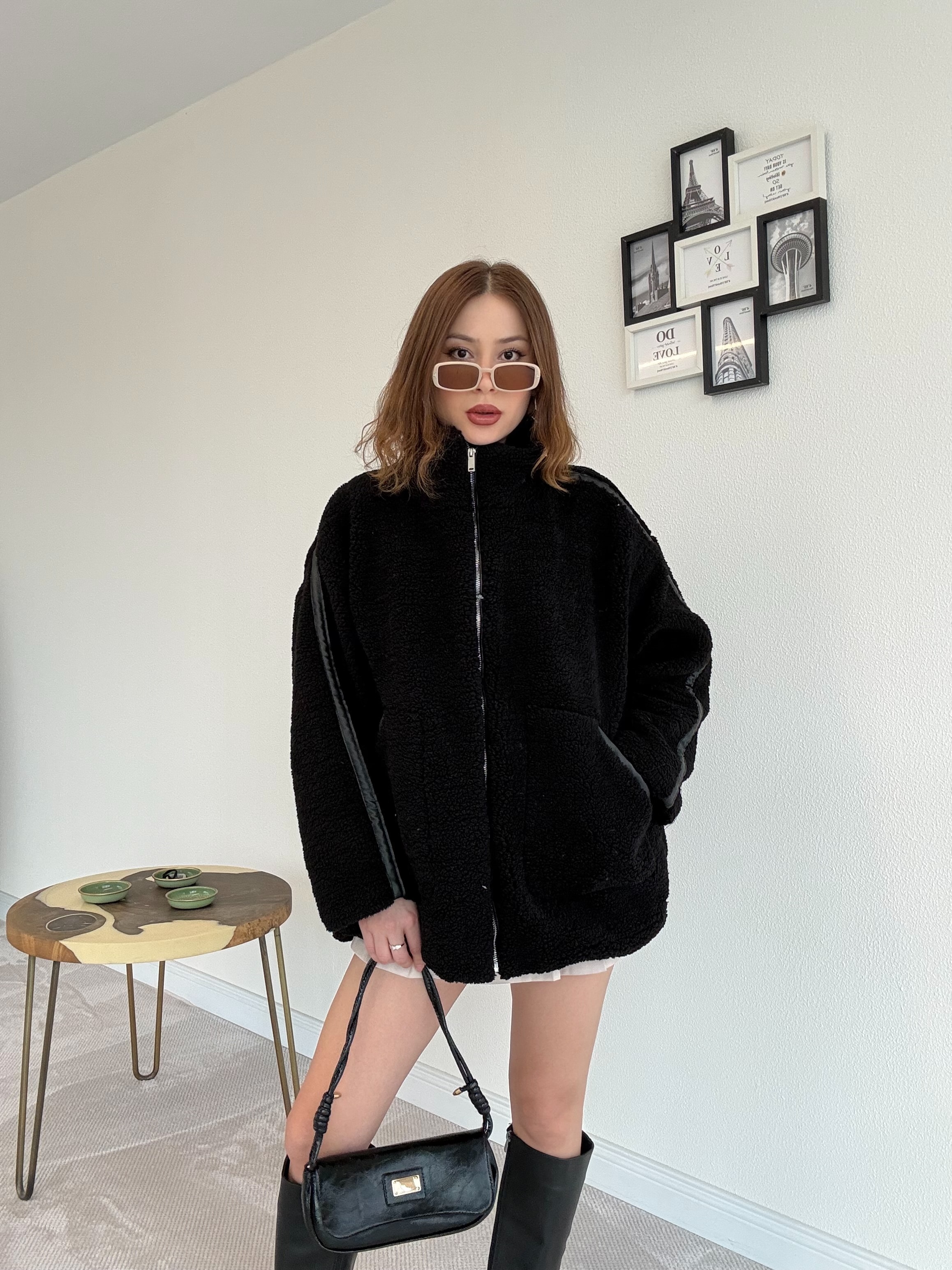 Oversize Peluş Mont - SİYAH