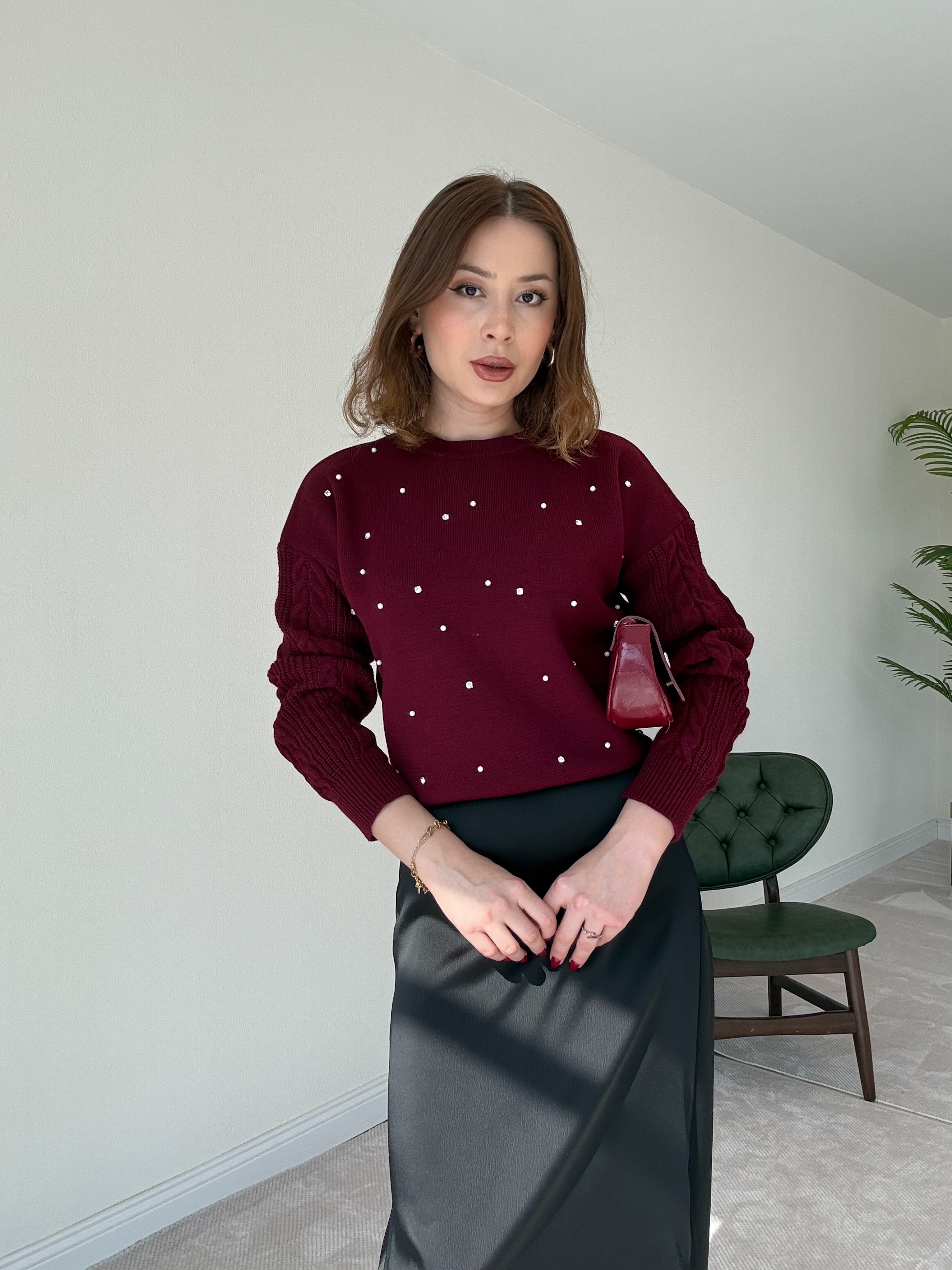 Taşlı Örgü Kazak -  BORDO