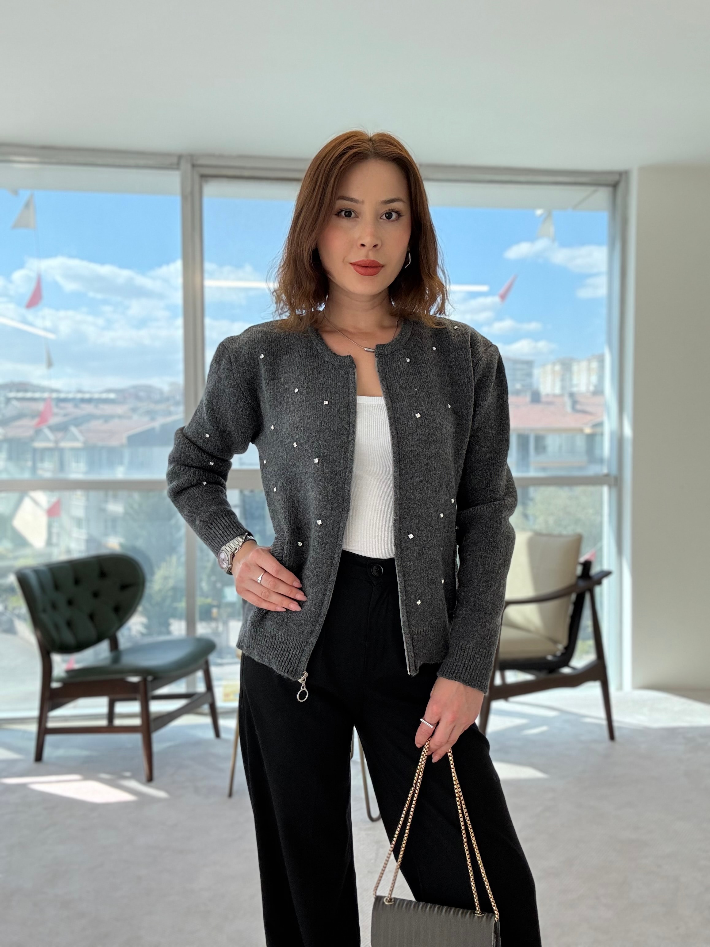 Fermuarlı Taşlı Premium Ceket - FÜME