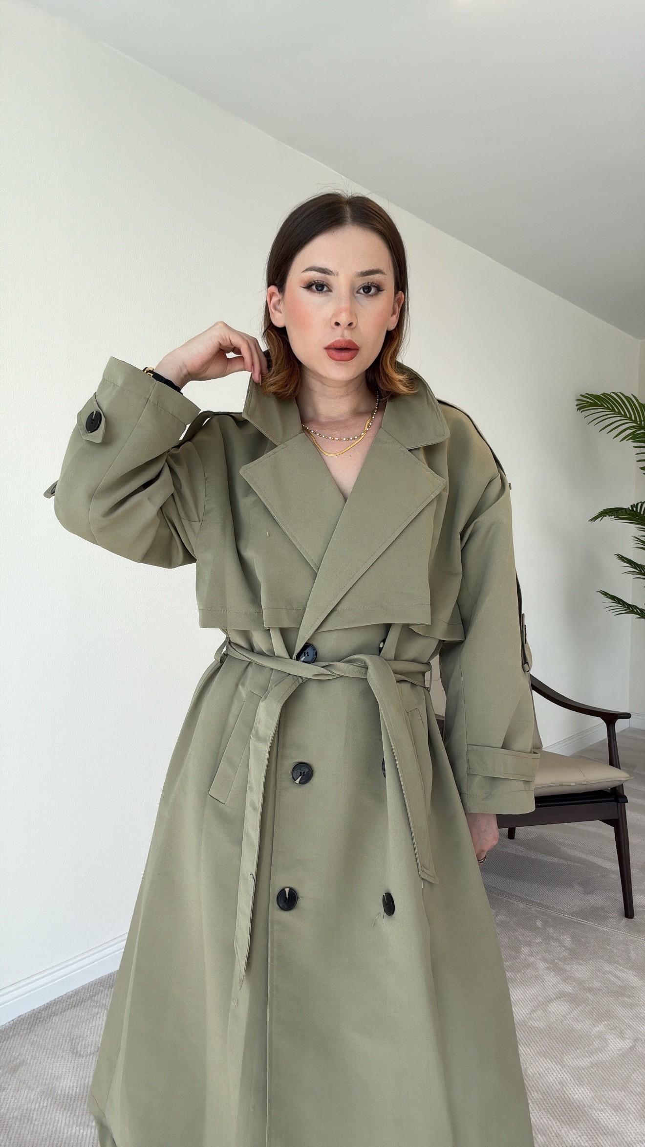Premium Astarlı Oversize Trench Kot - HAKİ