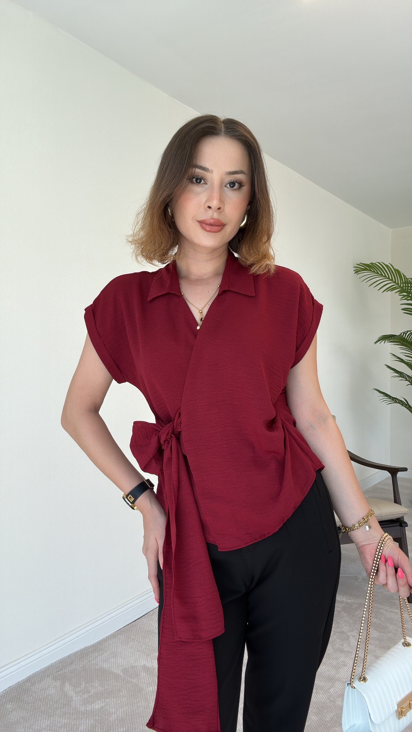 Kısa Kol Bağlamalı Keten Gömlek - BORDO