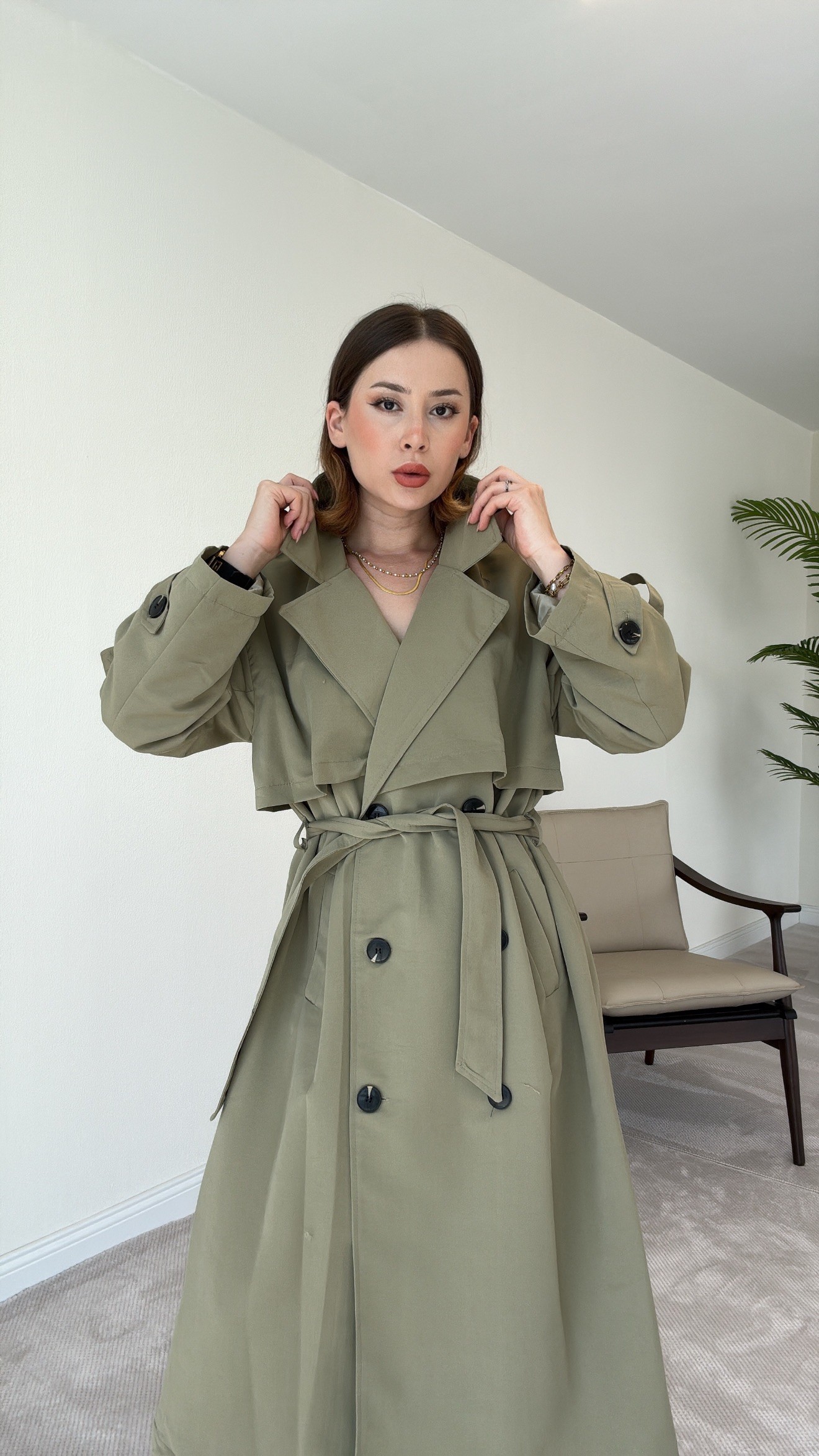 Premium Astarlı Oversize Trench Kot - HAKİ