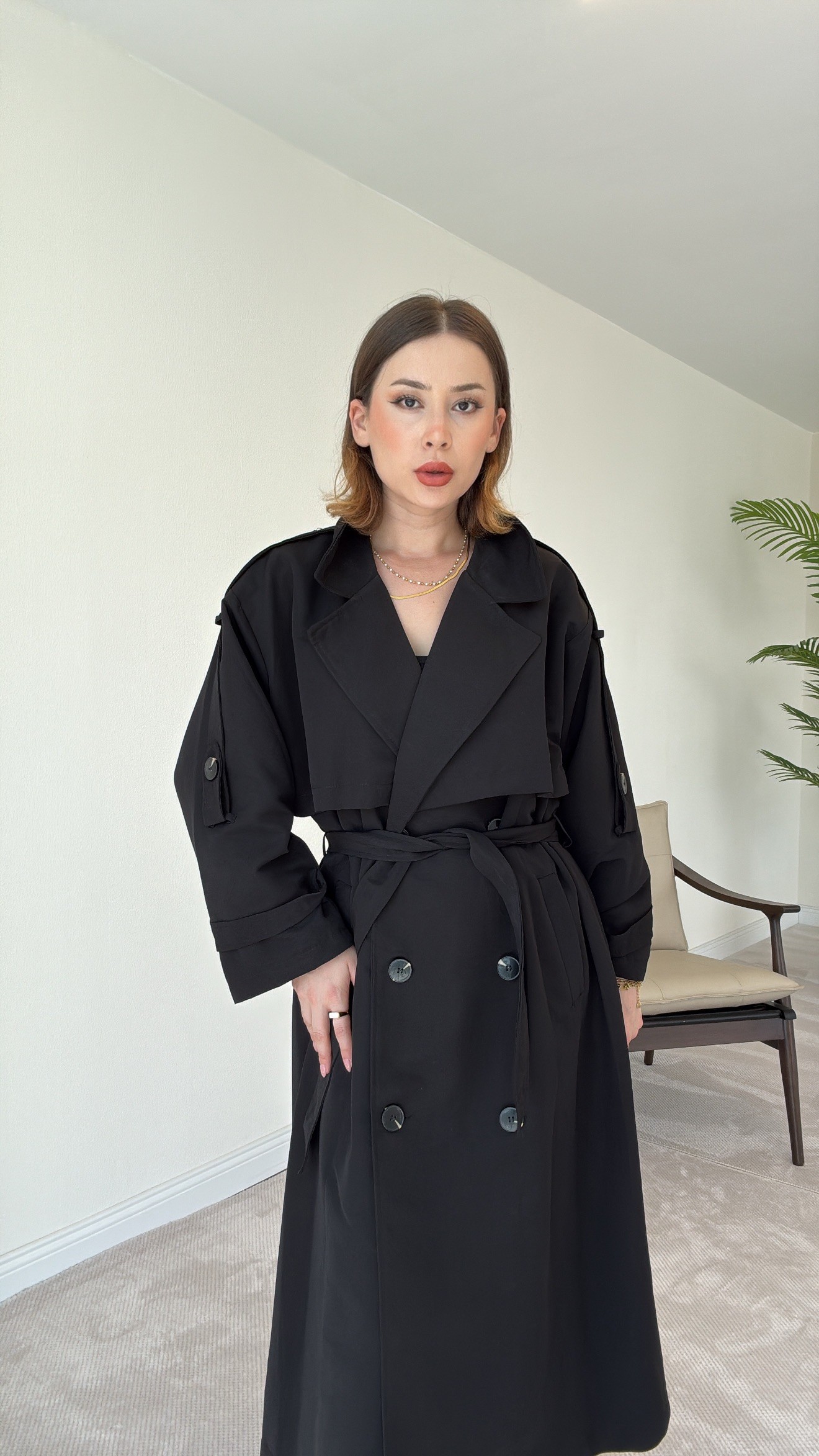 Premium Astarlı Oversize Trench Kot - SİYAH