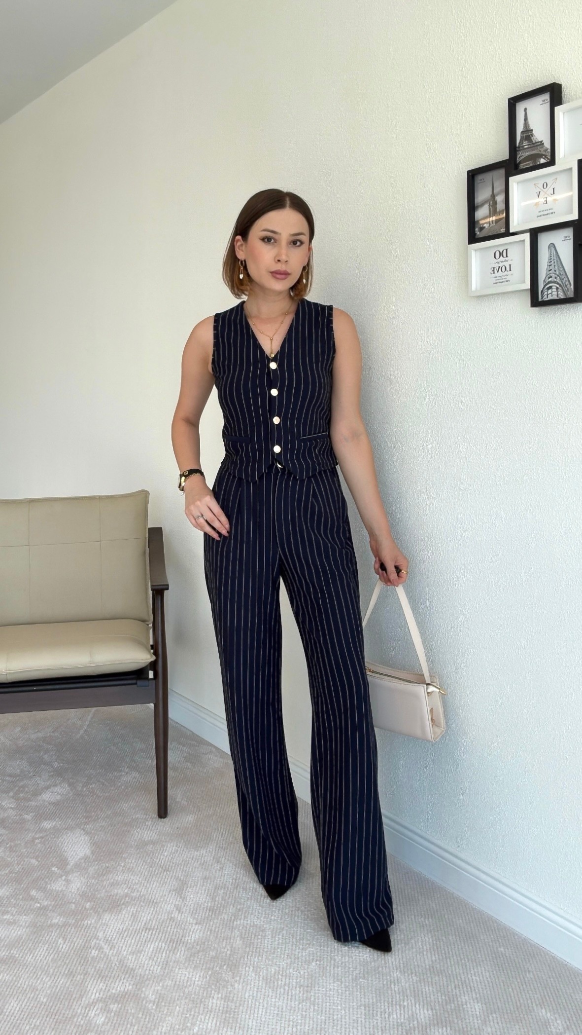 Elena Çizgili Yelekli Takım - LACİVERT