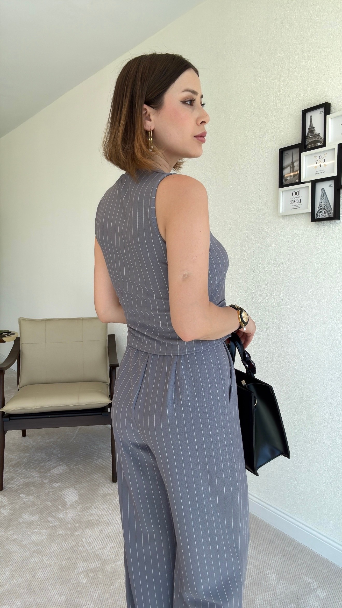 Elena Çizgili Yelekli Takım - GRİ