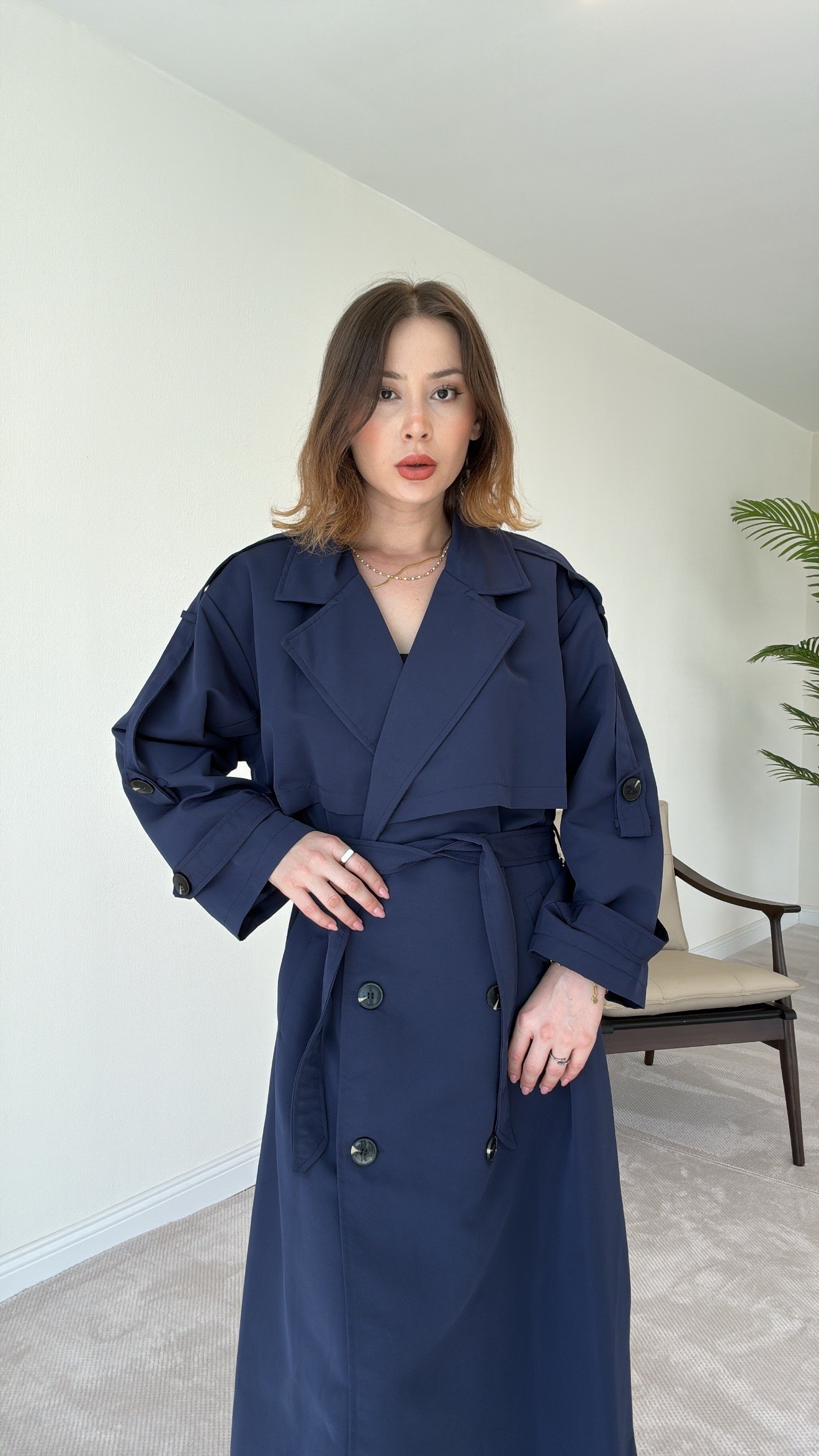 Premium Astarlı Oversize Trench Kot - LACİVERT