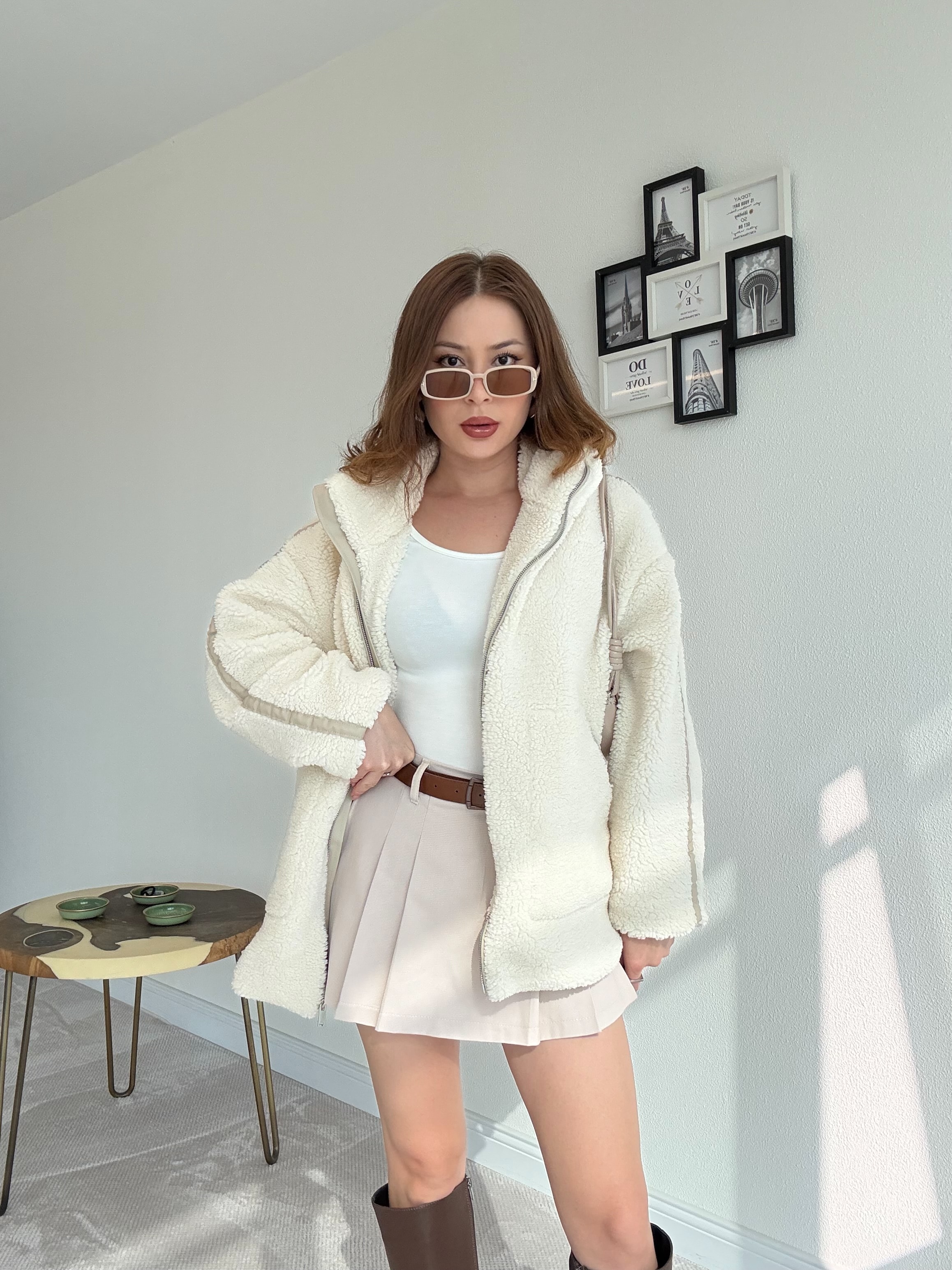 Oversize Peluş Mont - EKRU