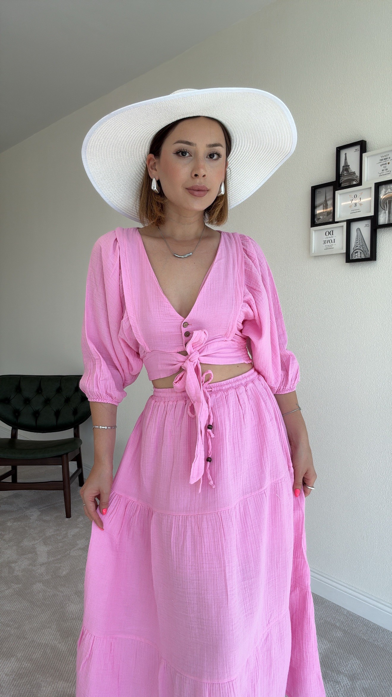 3 Düğme Bağlamalı Etekli Takım - PEMBE