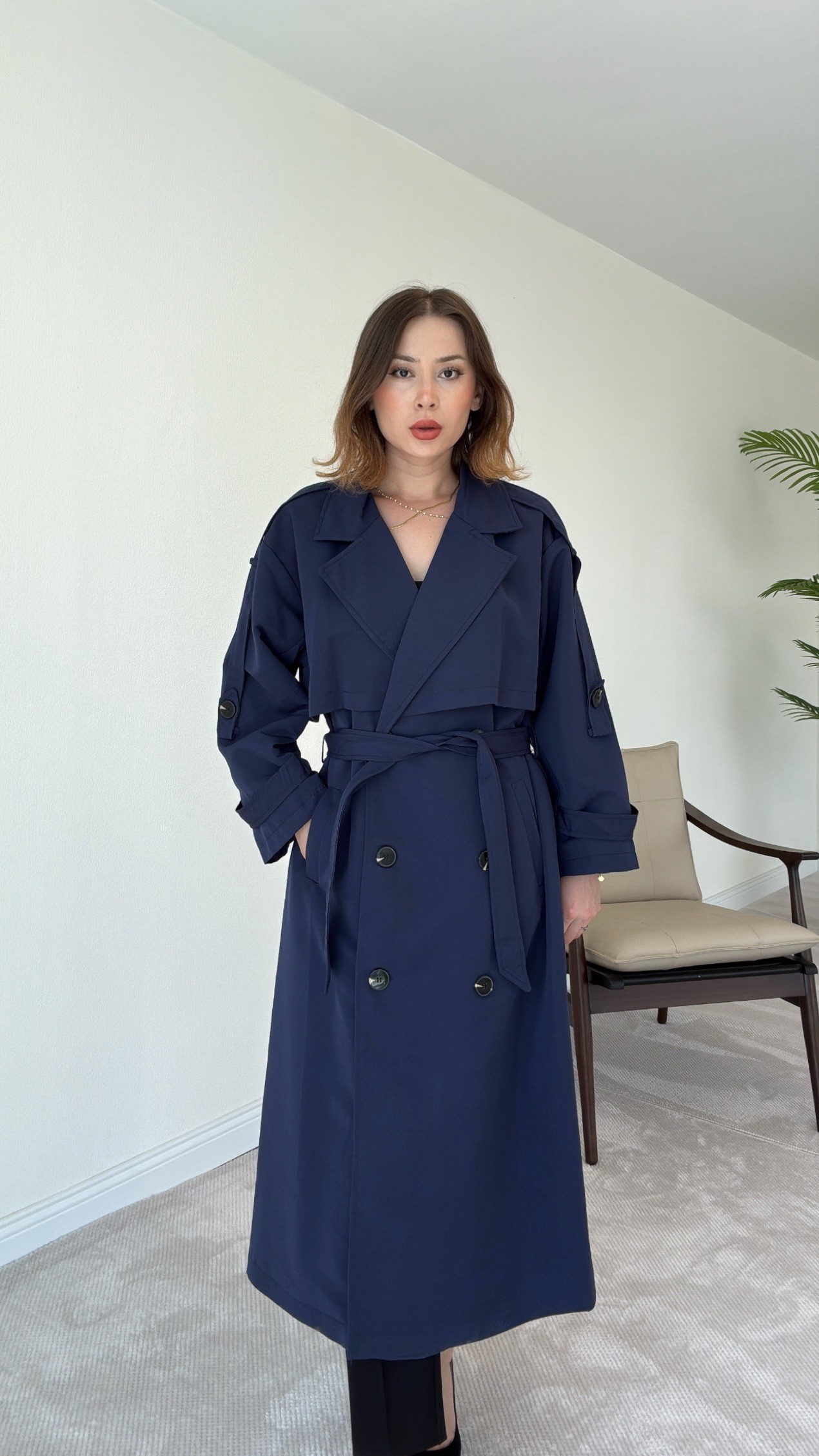 Premium Astarlı Oversize Trench Kot - LACİVERT