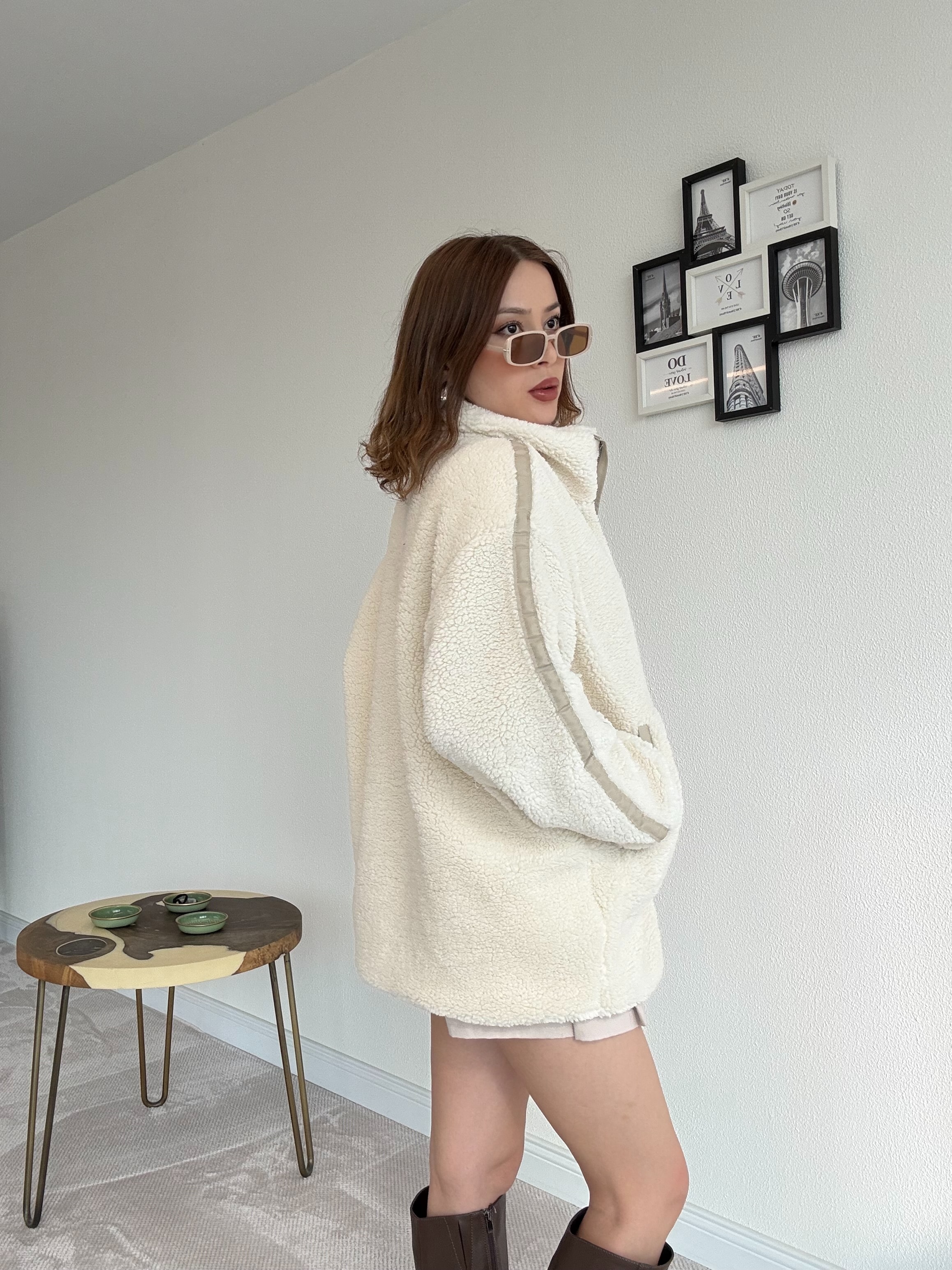Oversize Peluş Mont - EKRU