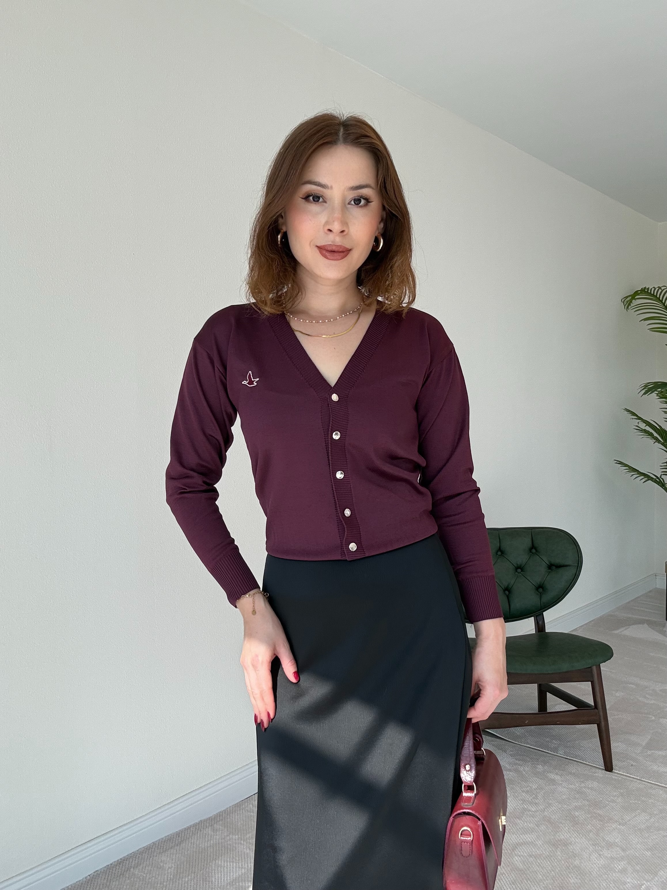 Kuş İşleme Triko Hırka - BORDO