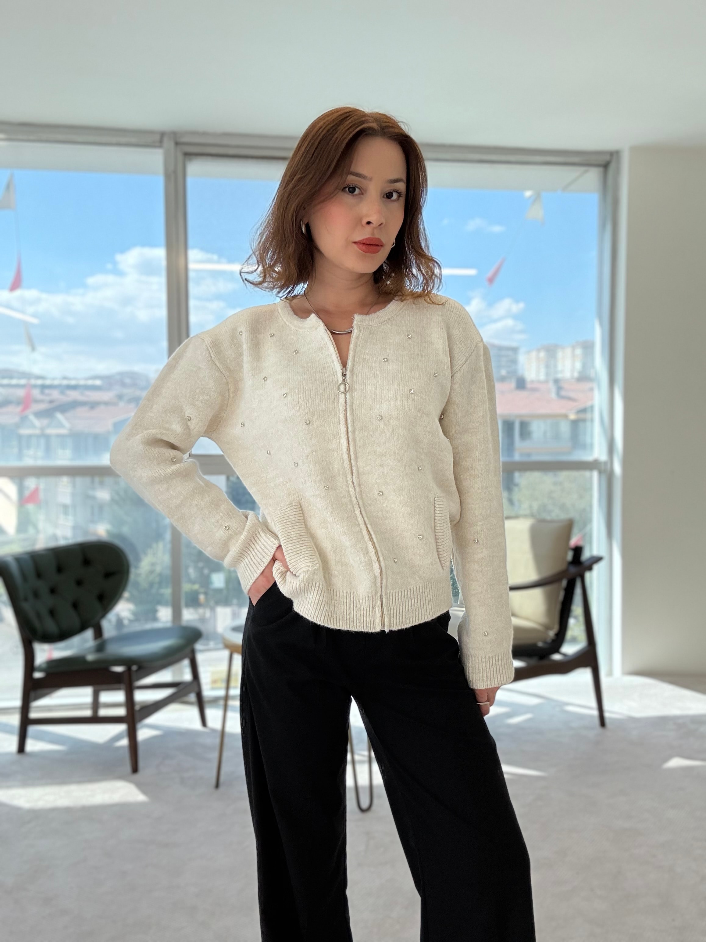 Fermuarlı Taşlı Premium Ceket - BEJ