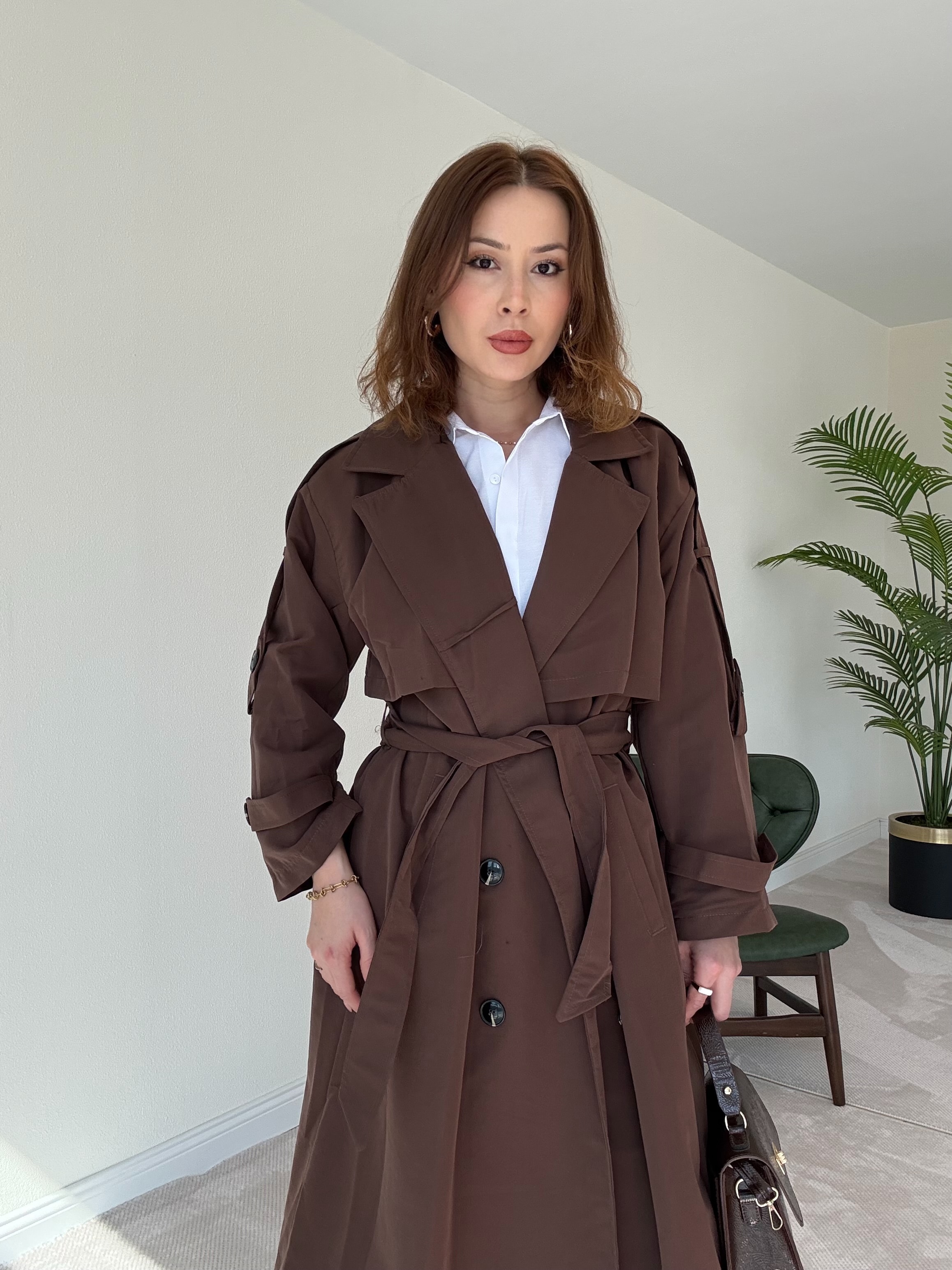 Premium Astarlı Oversize Trench Kot - KAHVERENGİ