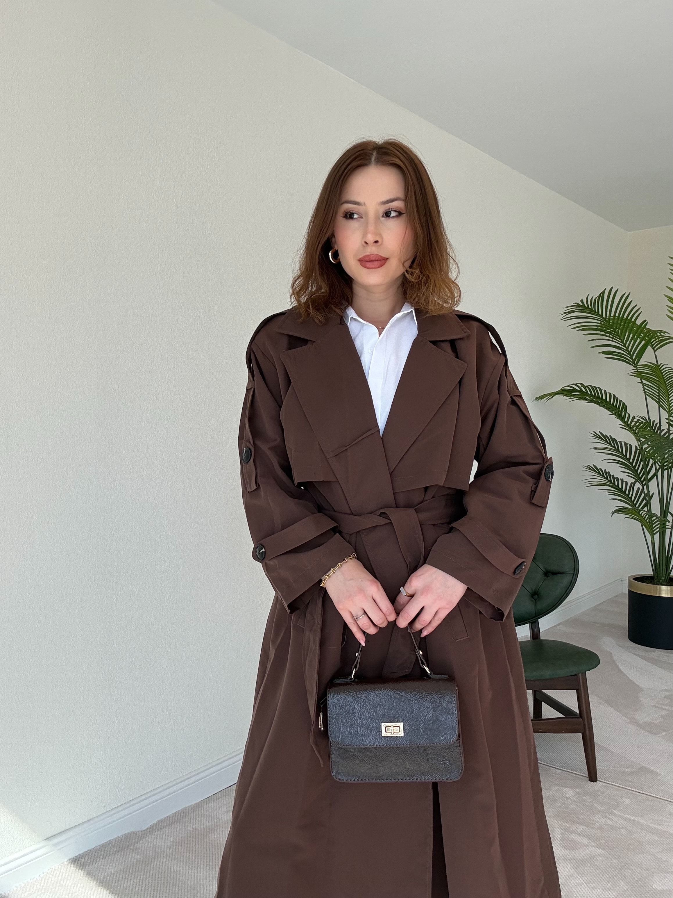 Premium Astarlı Oversize Trench Kot - KAHVERENGİ