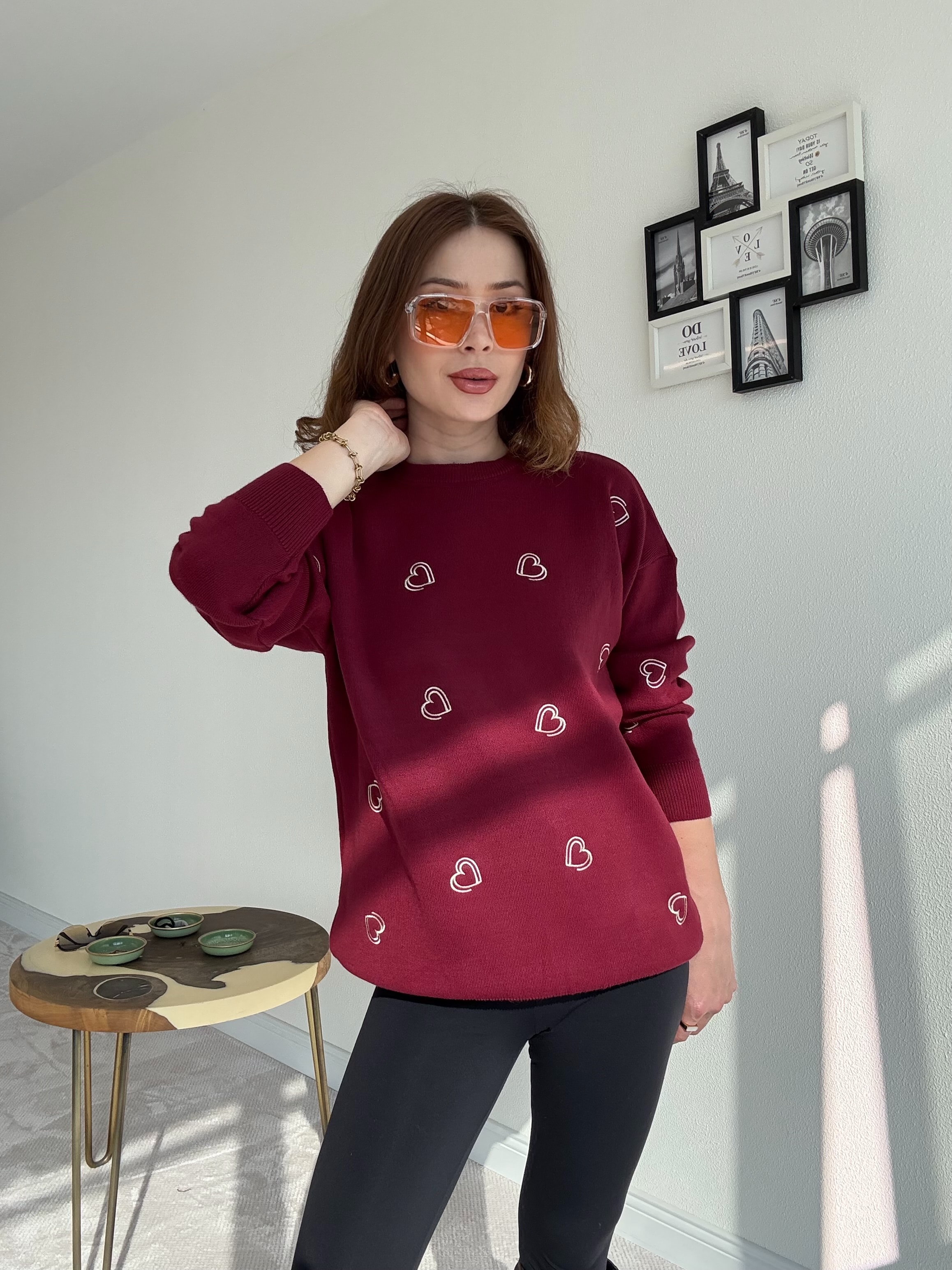 Kalp İşleme Triko Kazak - BORDO