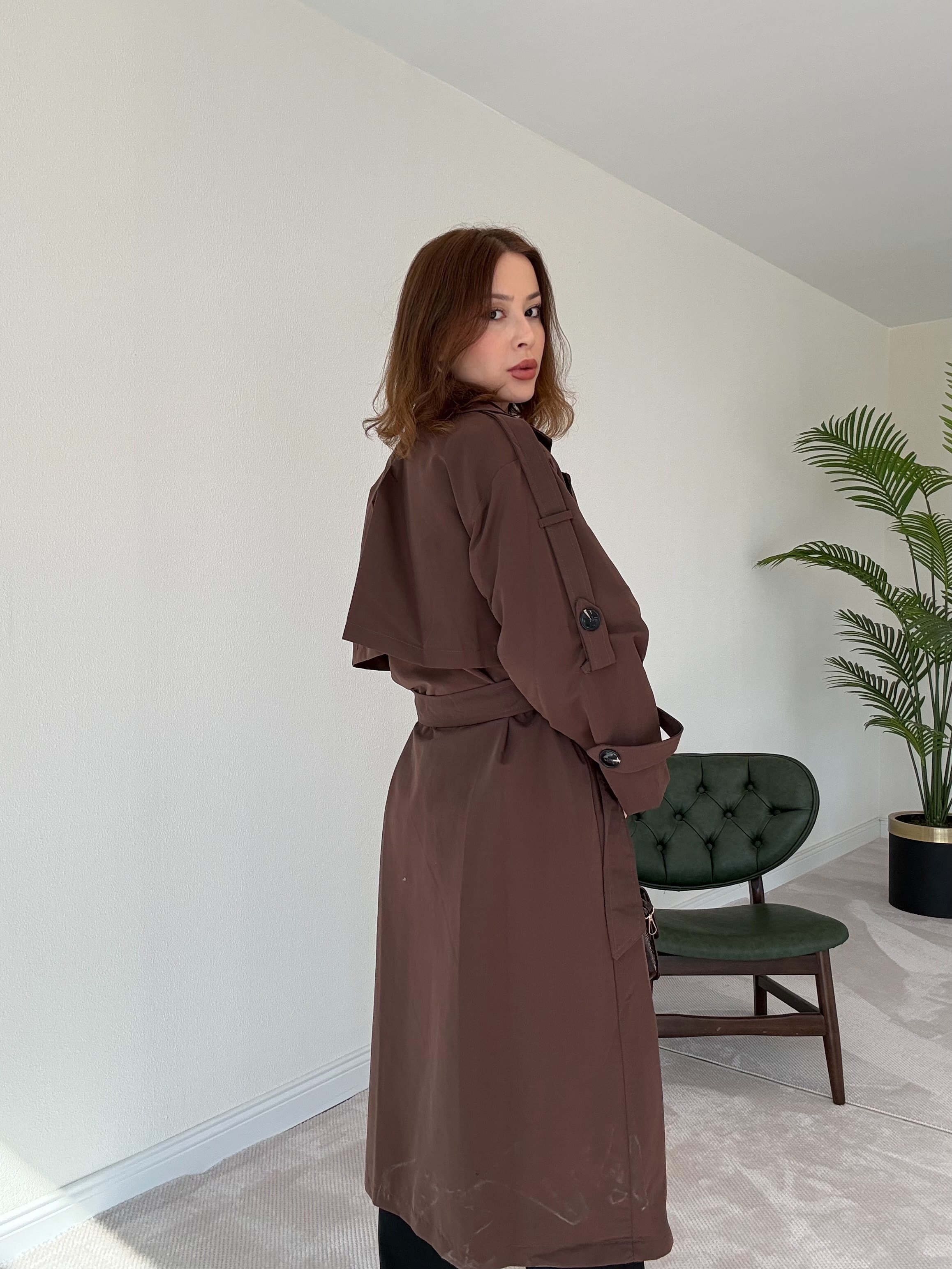 Premium Astarlı Oversize Trench Kot - KAHVERENGİ
