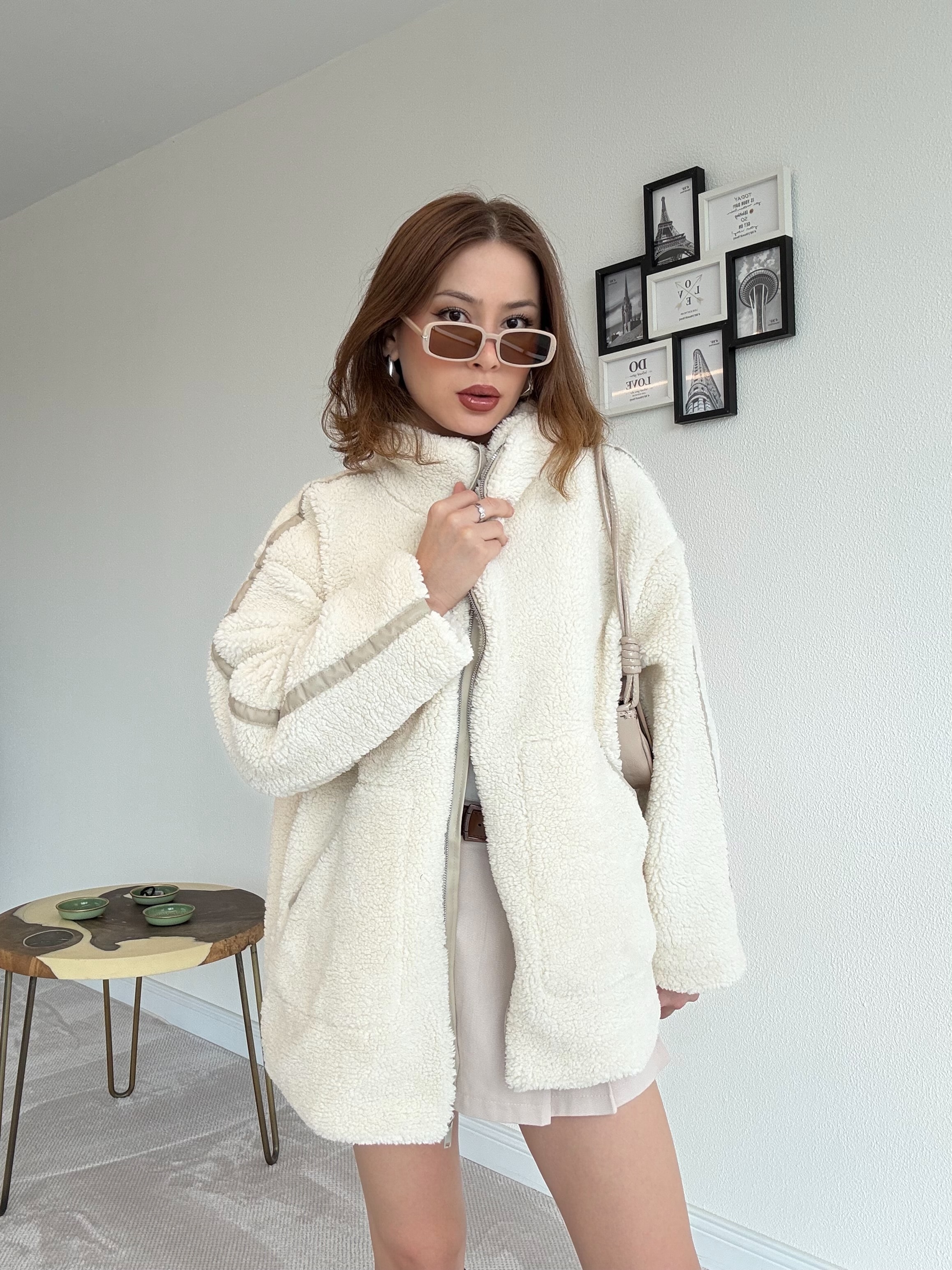 Oversize Peluş Mont - EKRU