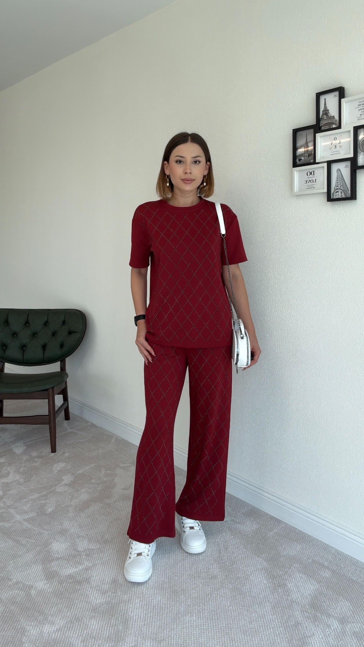 Desenli Taşlı Premium Takım - BORDO