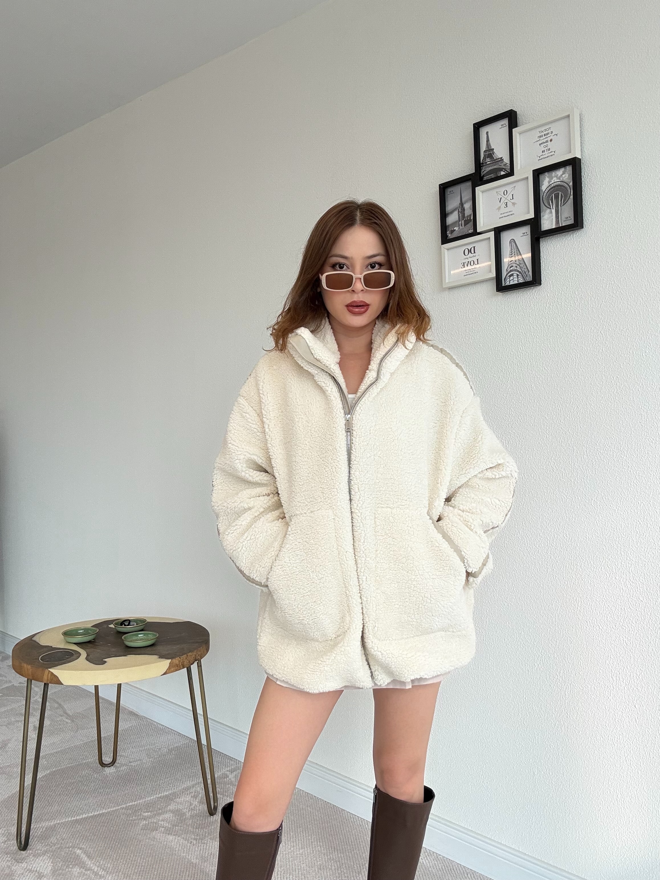Oversize Peluş Mont - EKRU
