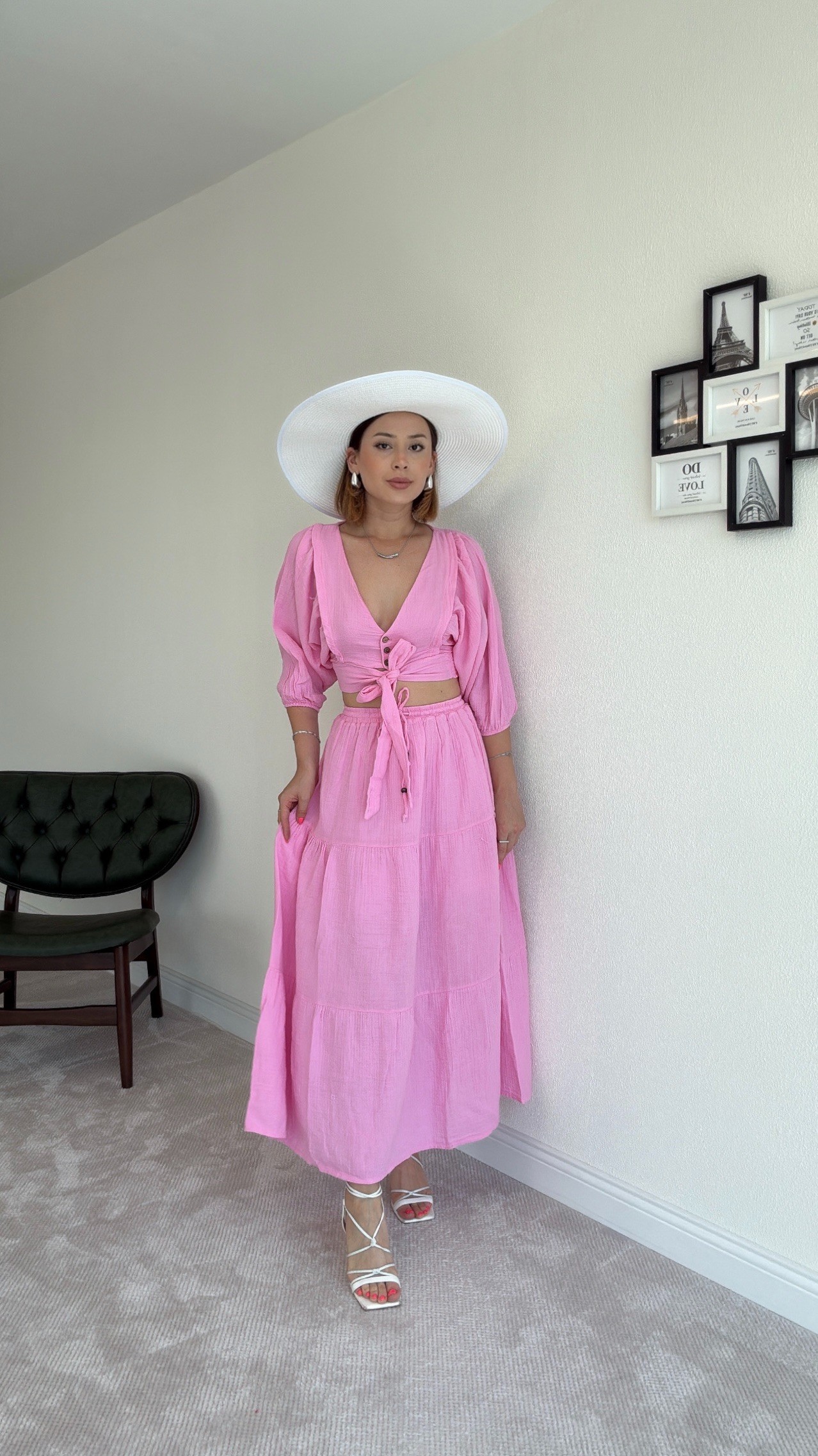 3 Düğme Bağlamalı Etekli Takım - PEMBE