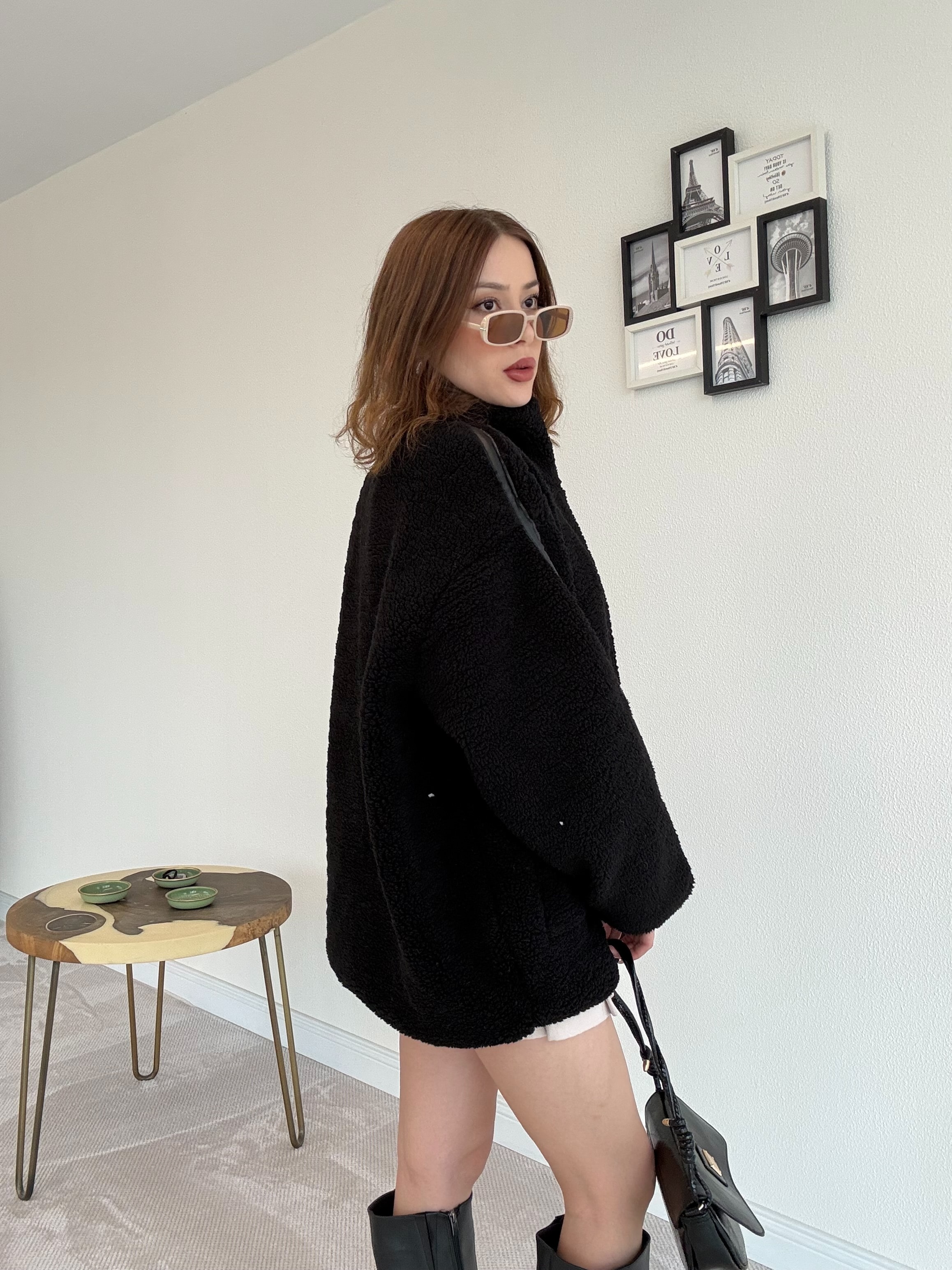 Oversize Peluş Mont - SİYAH