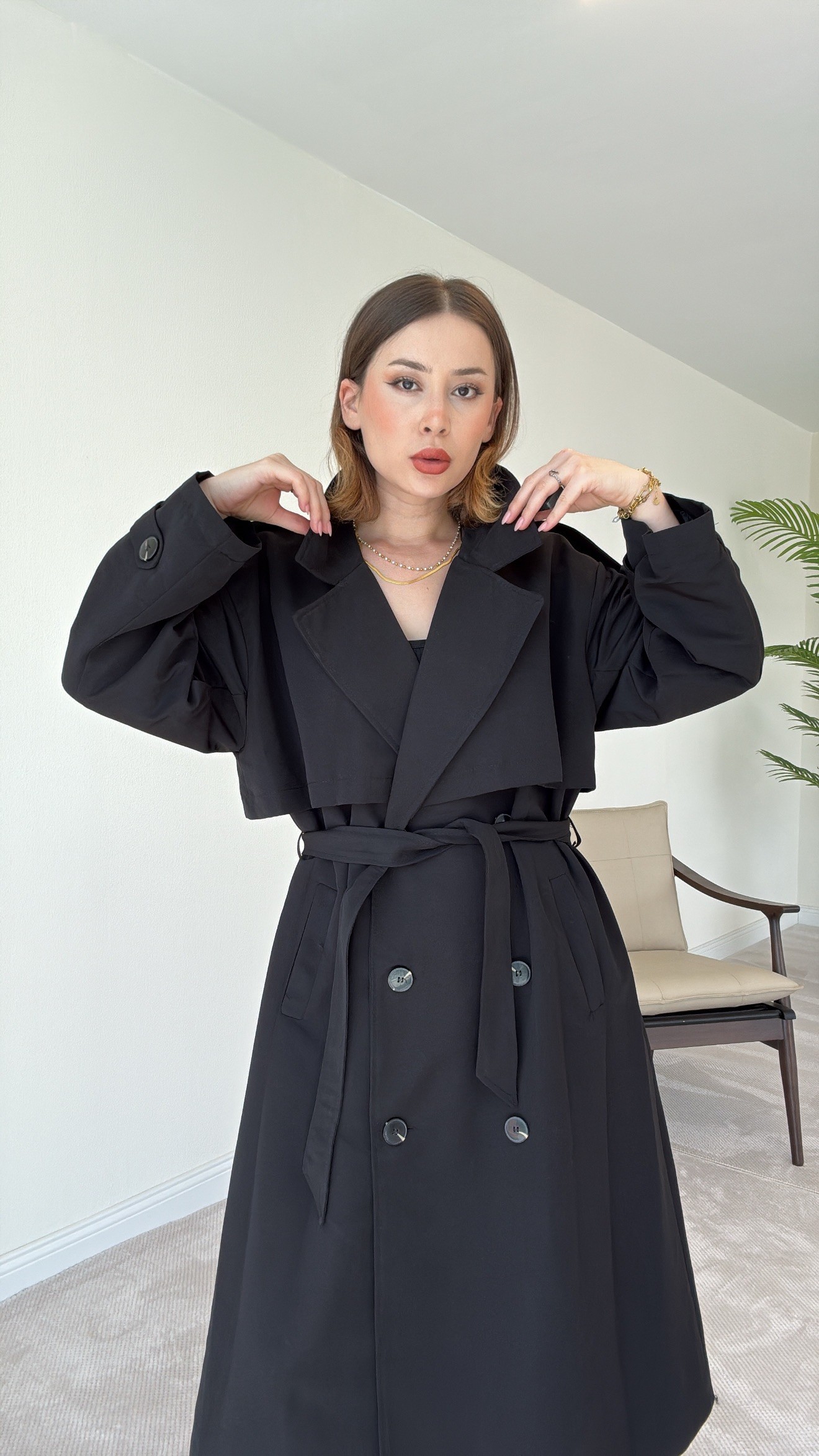 Premium Astarlı Oversize Trench Kot - SİYAH