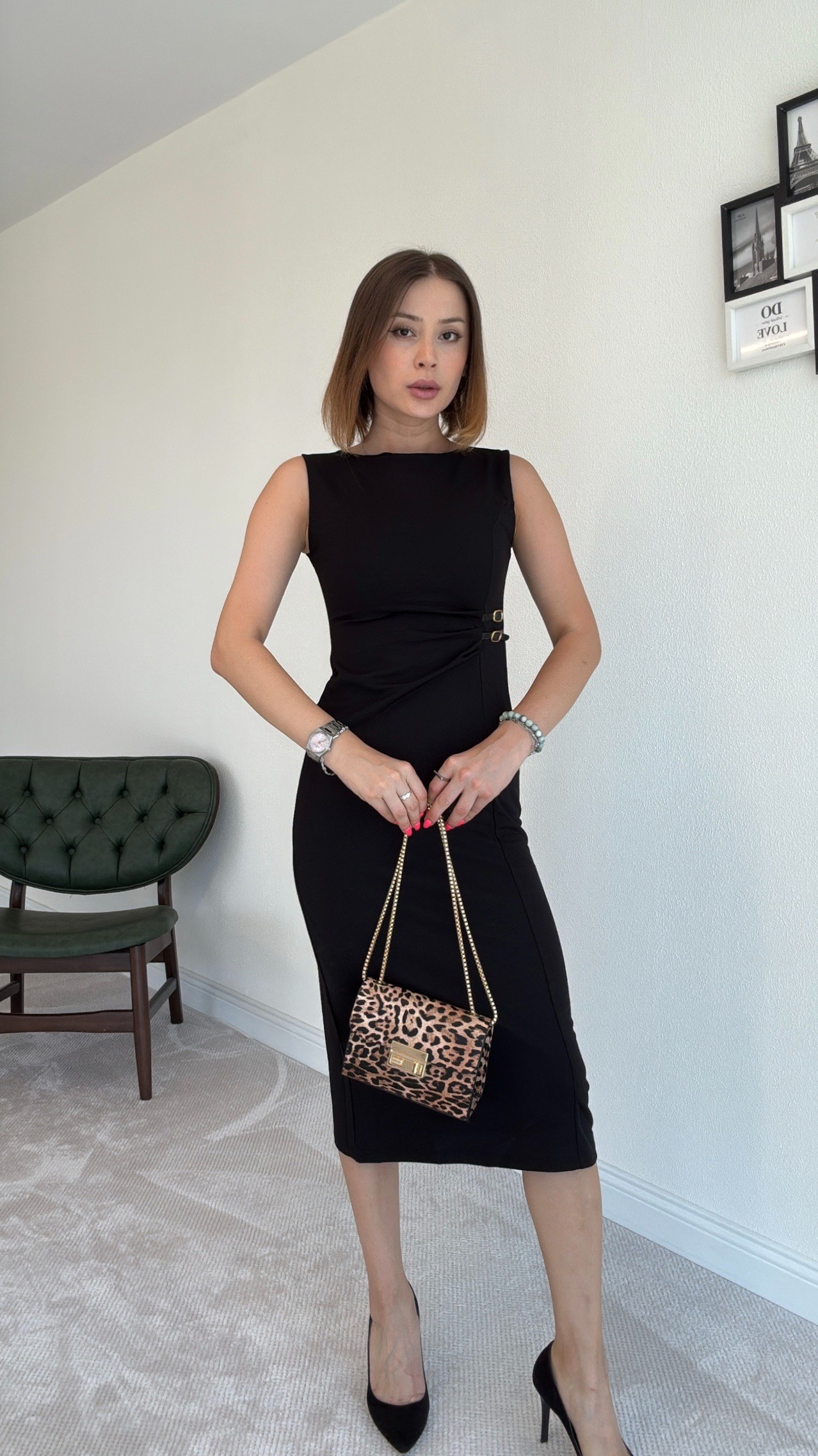 Drape Detaylı Midi Elbise - SİYAH