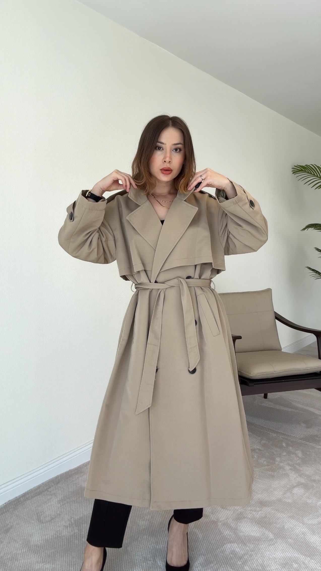 Premium Astarlı Oversize Trench Kot - TAŞ