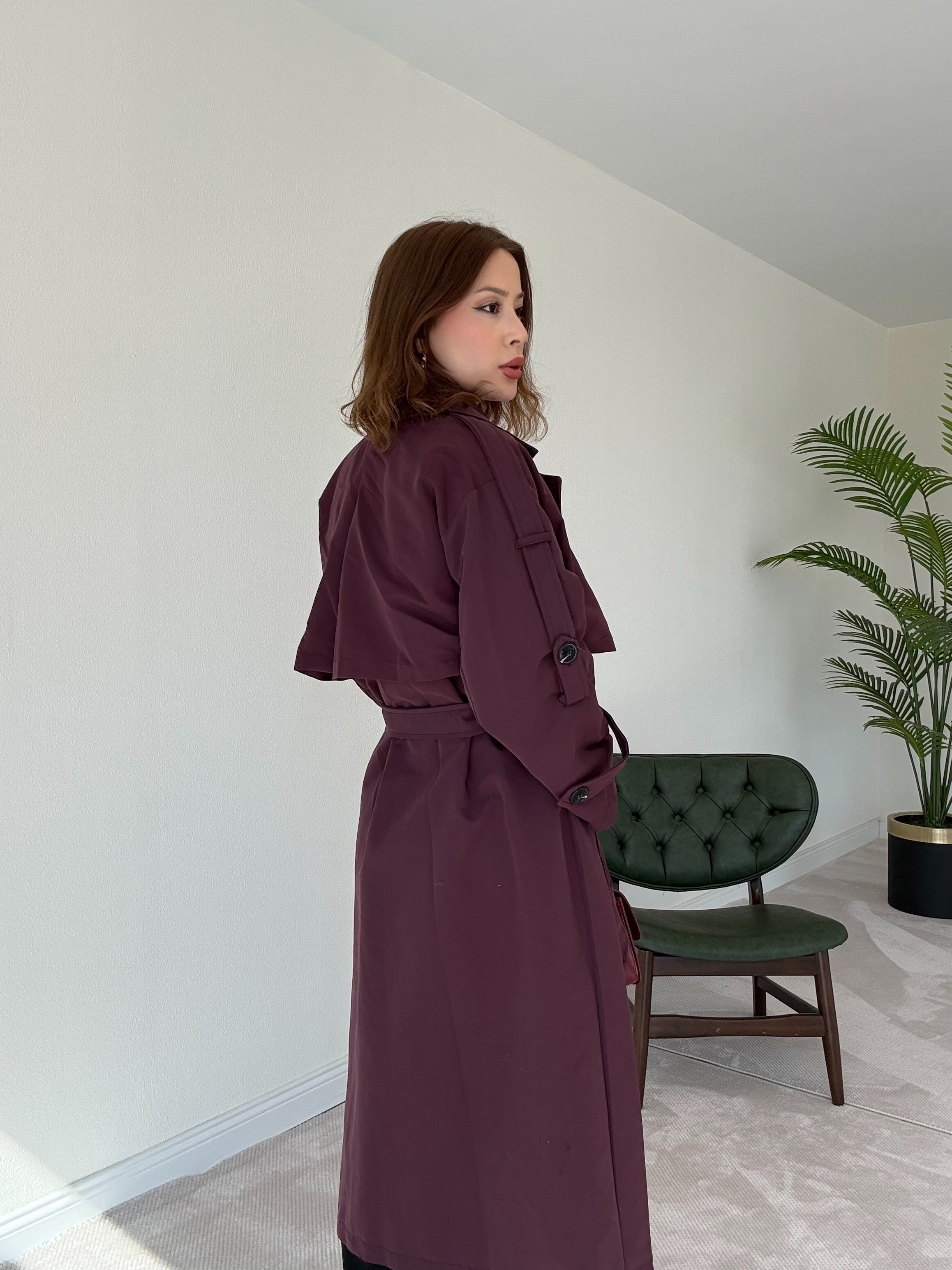 Premium Astarlı Oversize Trench Kot - BORDO