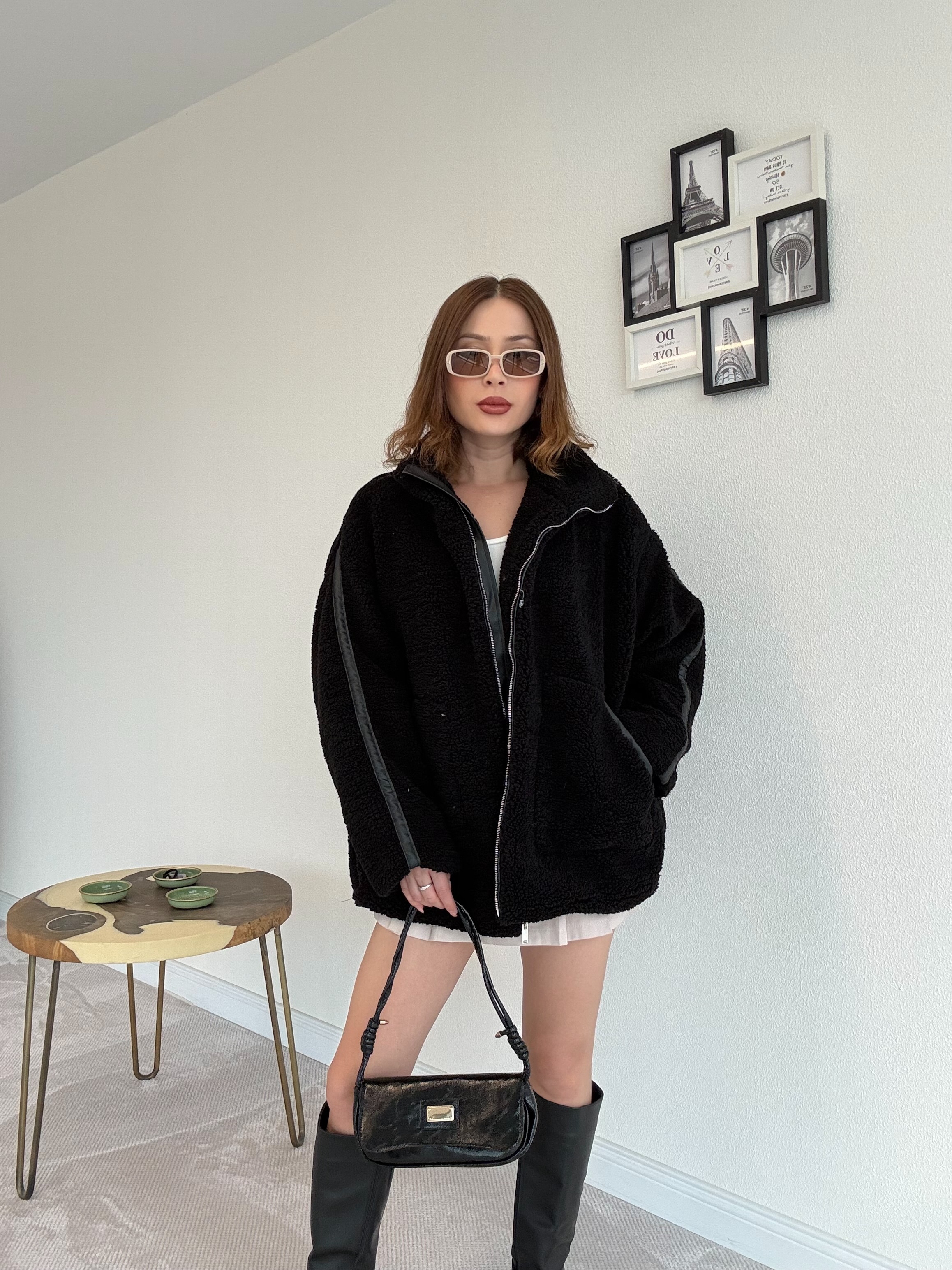 Oversize Peluş Mont - SİYAH