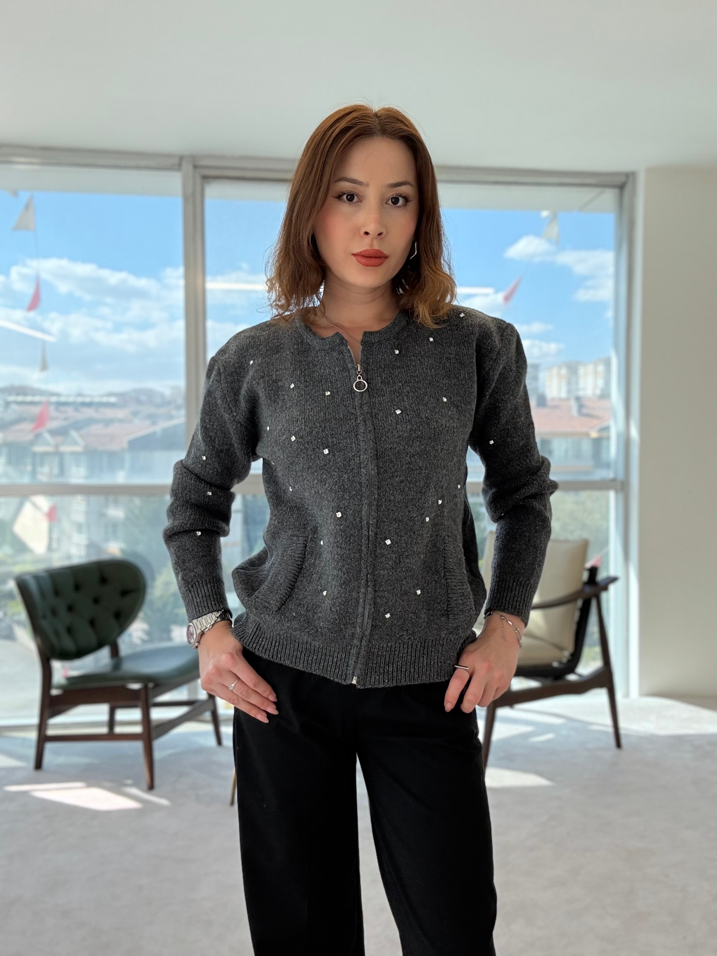 Fermuarlı Taşlı Premium Ceket - FÜME