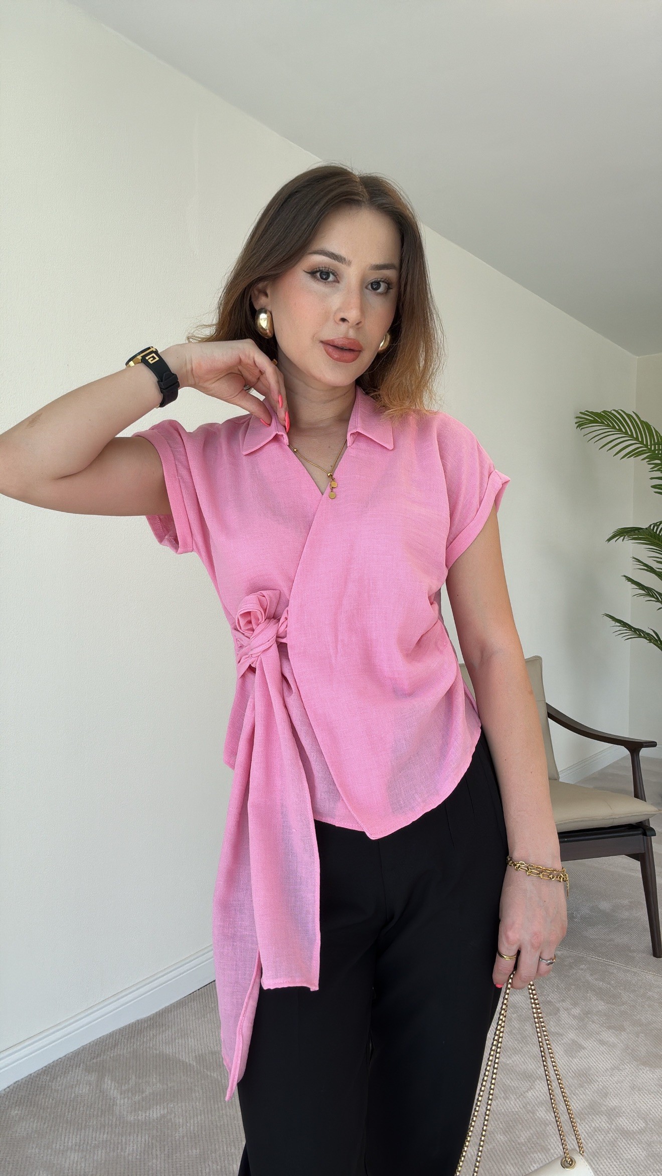 Kısa Kol Bağlamalı Keten Gömlek - PEMBE