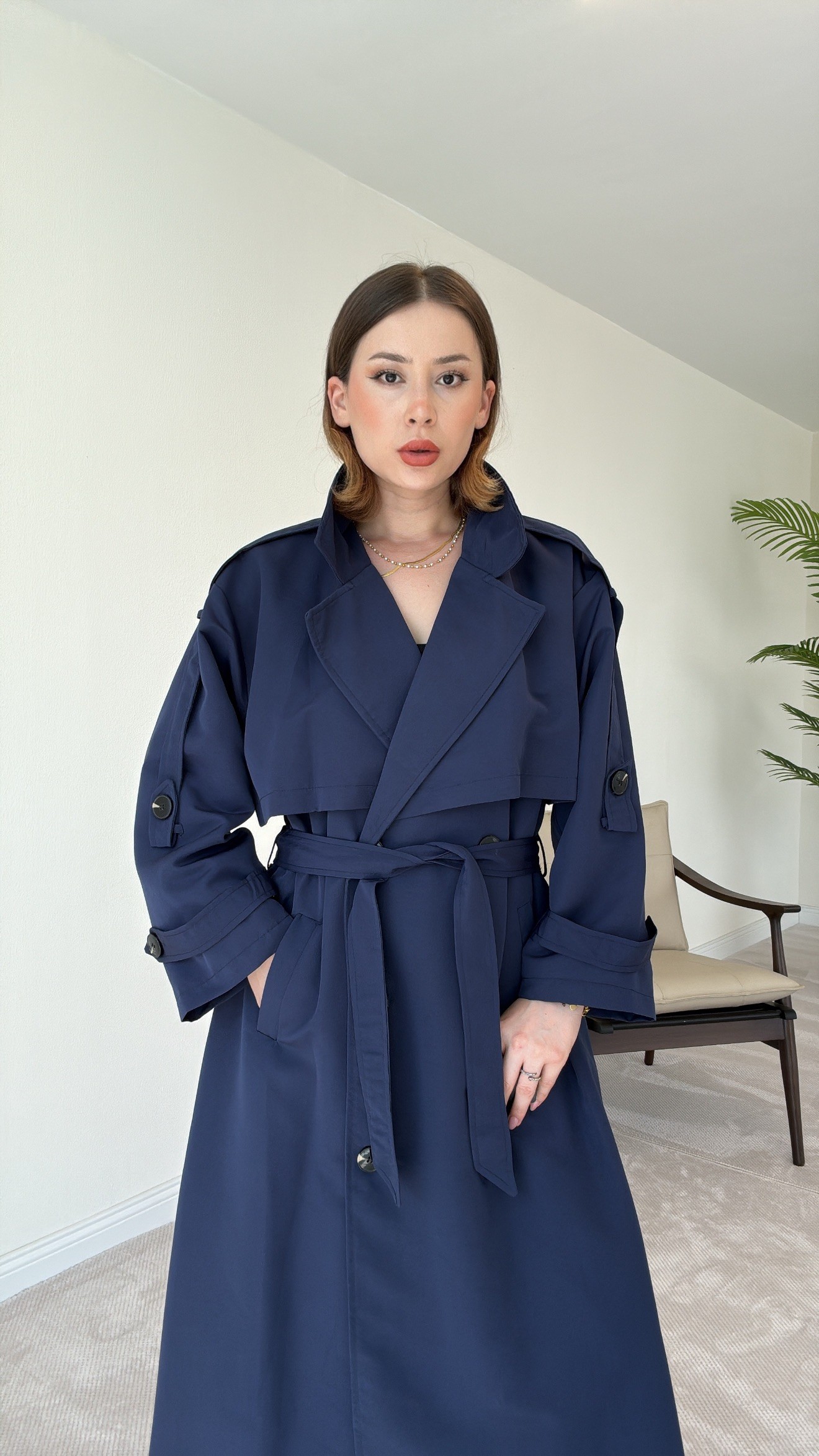 Premium Astarlı Oversize Trench Kot - LACİVERT
