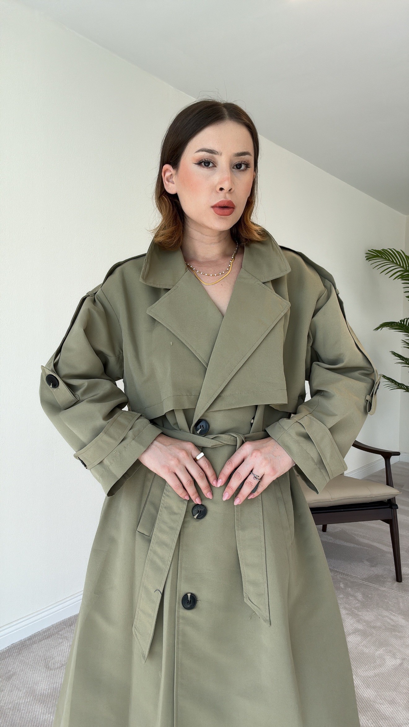 Premium Astarlı Oversize Trench Kot - HAKİ