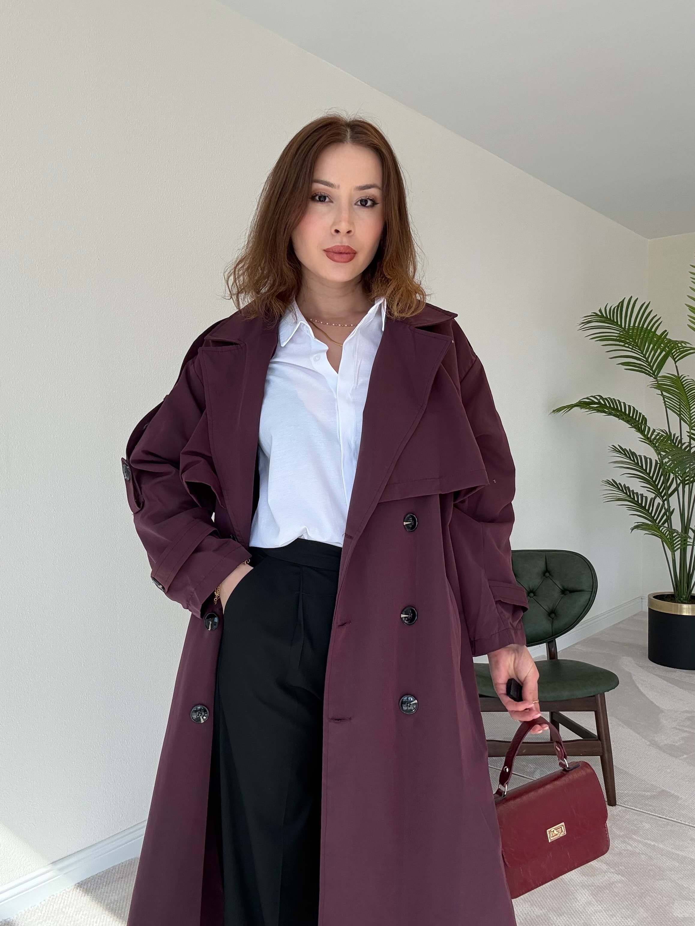 Premium Astarlı Oversize Trench Kot - BORDO